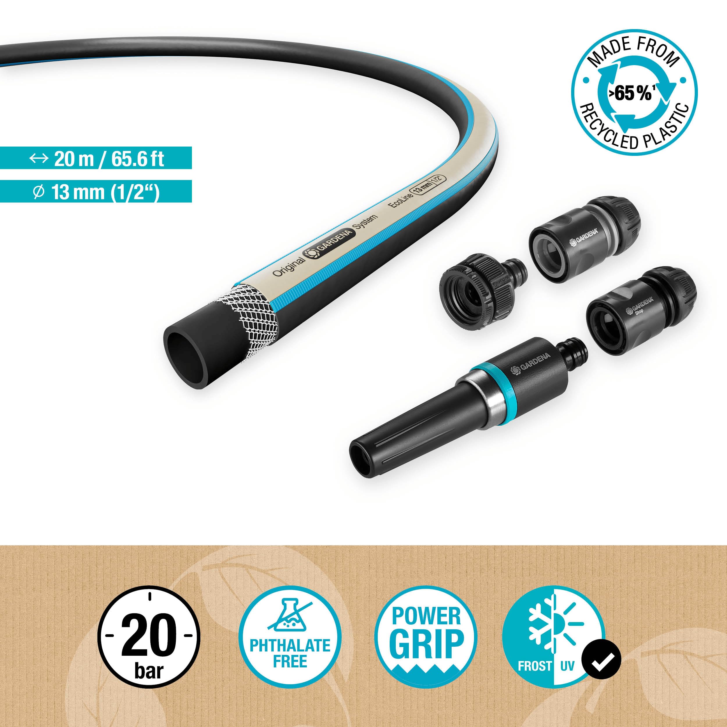 Gardena EcoLine Schlauch 1/2 Zoll, 20m mit Systemteilen: Nachhaltiger Gartenschlauch aus recyceltem Plastik, Phthalat- und schadstoffrei, Power-Grip-Funktion, frostsicher und UV-beständig (18931-20)