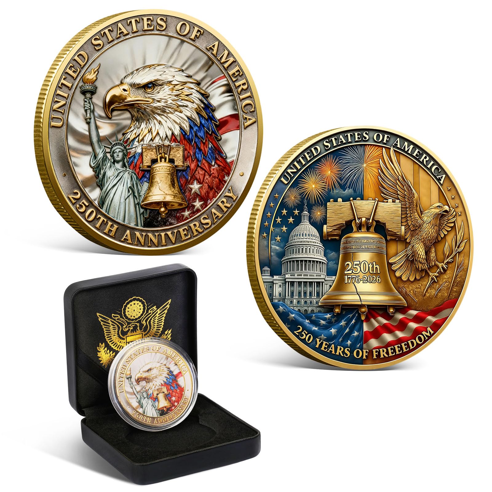 USA 250th Anniversary Commemorative Coin 1776-2026 America 250 Patriotic Collectible Coin with American Eagle 250 Year American Anniversary Coin Collectors Veterans Gifts America 250 Merchandise (A)