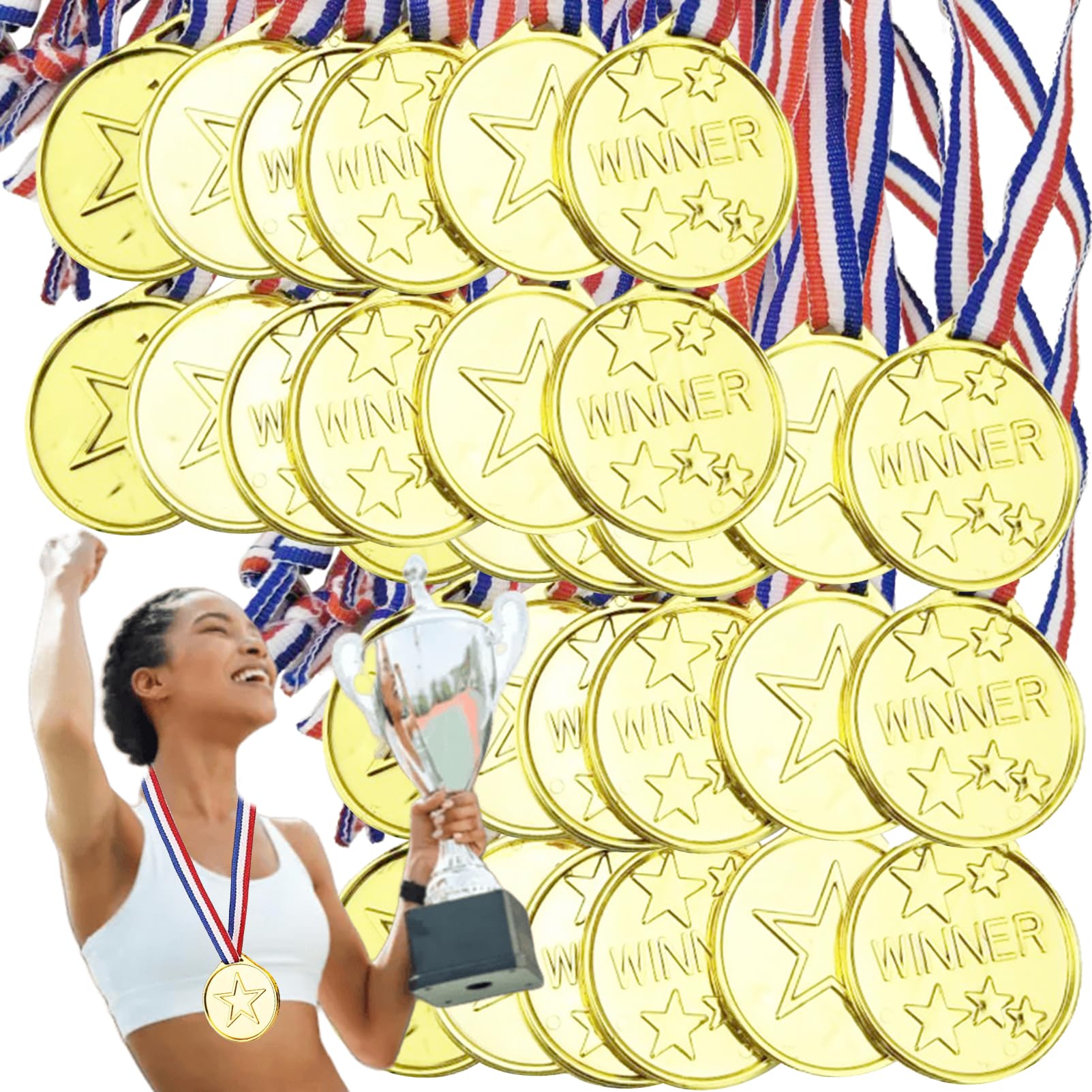 GBKDQQ 100 Medaglie D'Oro Per Bambini, Medaglie Di Plastica Con Nastro Tricolore Rosso Bianco E Blu, Diametro 4 Cm, Ideali Per Compleanni, Scuola, Feste, Premi E Ricompense