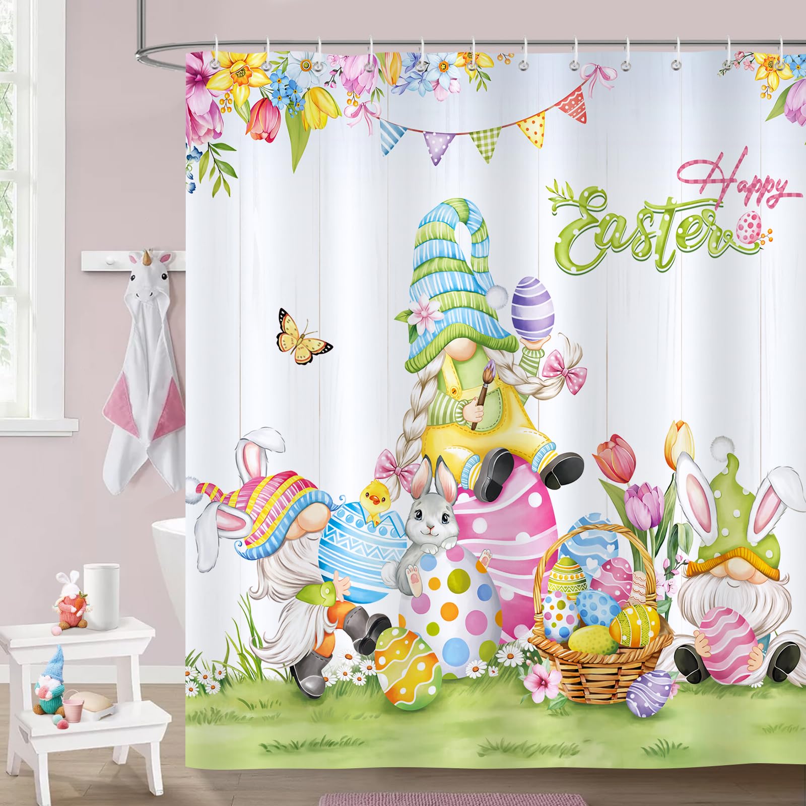 Bonhause Happy Easter Shower Curtain Colorful Gnomes Easter Eggs Bunny Spring Floral Decorative Bath Curtain 72 x 72 Inch Polyester Fabric Waterproof Bathroom Curtain with 12 Hooks