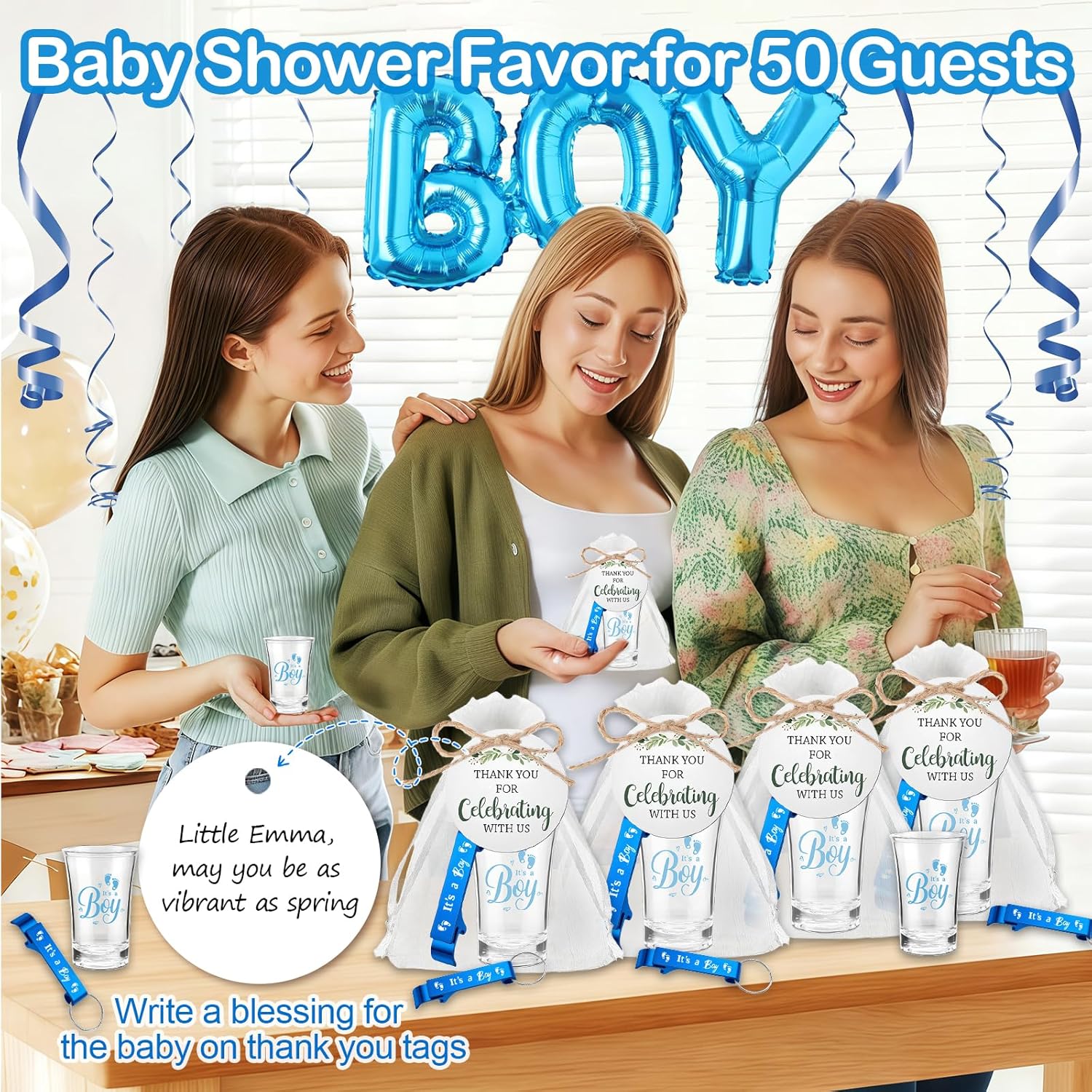 50Set Baby Shower Favor for 50 Guests Its a Boy Shot Glasses with Bottle Opener Keychains Floral Thank You Tags & Bags for Gender Reveal Party Guests Return Gift (boy)