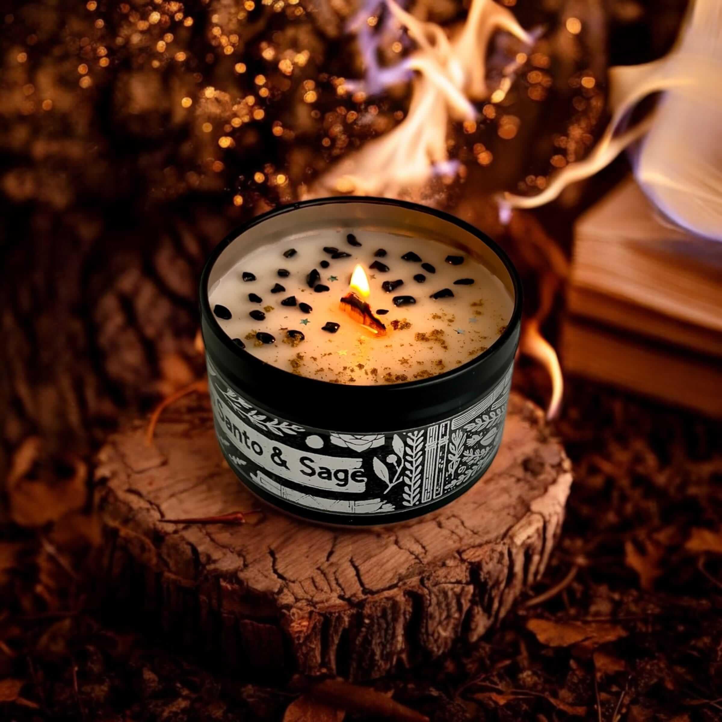 Kalita Palo Santo & Sage Smudge Soy Wax Candle | Cleansing Negative Energy & Spiritual Healing | Non-Toxic, Long Lasting, Relaxing Aromatherapy with Tourmaline Crystals | Crackling Wood Wick | 6oz