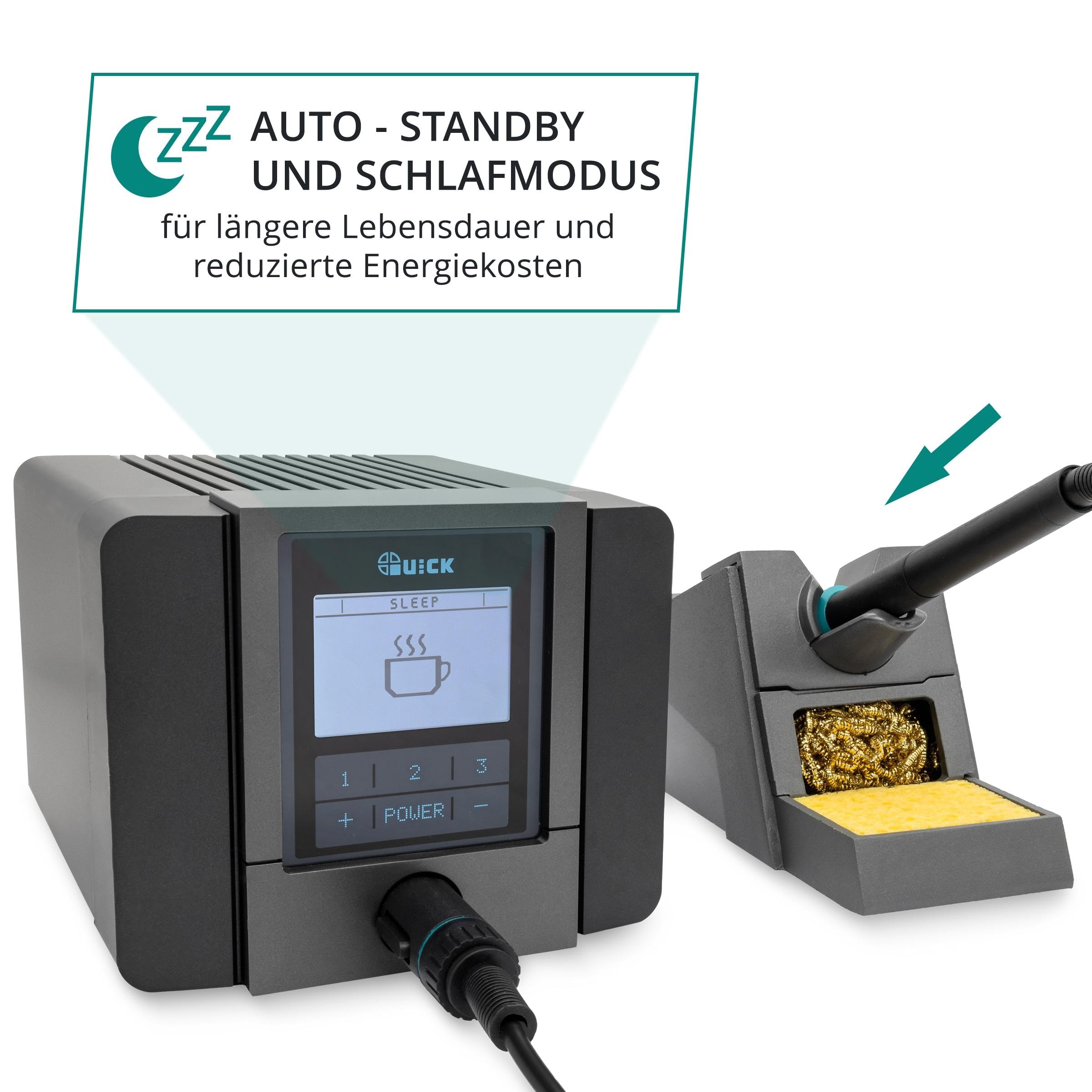 QUICK TS1200D digital regelbare Lötstation ESD 120W 200-420°C professionell sensorgeregelt inkl. 1mm Rapid-Kartuschen-Lötspitze - SMD Lötstation kalibrierbar mit 3 Multi-Temperatur-Speicher