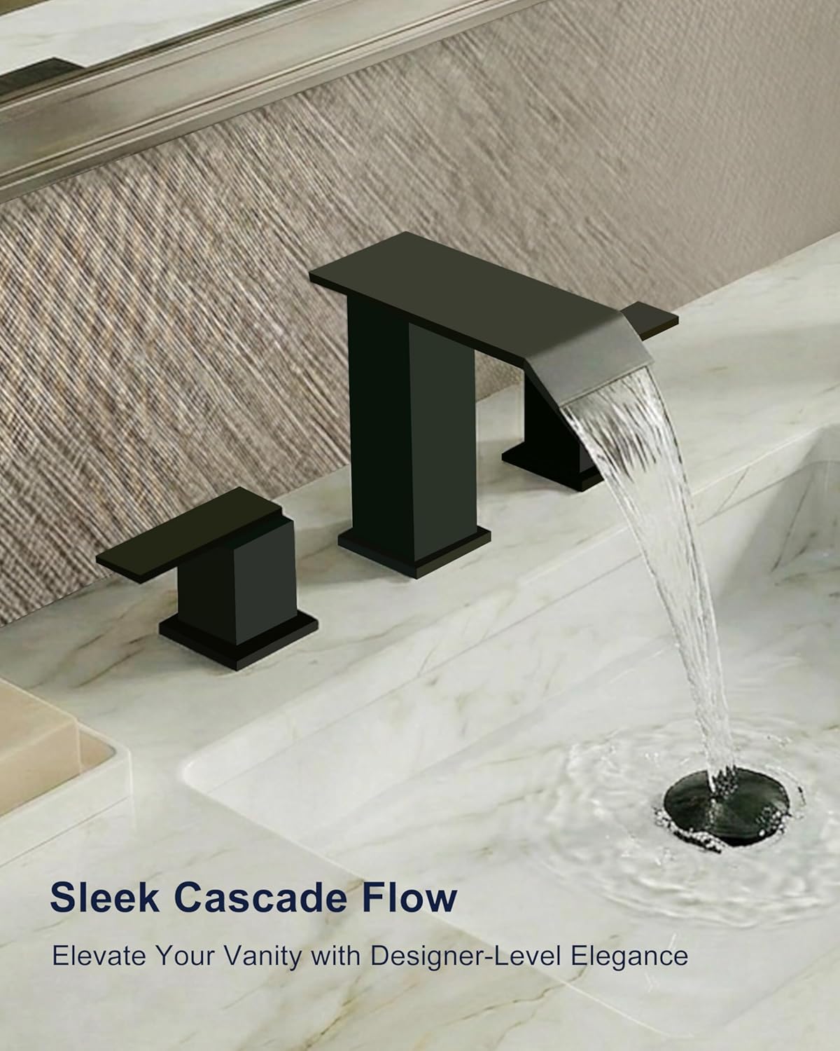 8 Inch Widespread Bathroom Faucets 3 Hole, Modern Aesthetic Waterfall Sink Faucet with Pop Up Drain & Supply Lines, Anti-Splashing & Stain-Resistant Matte Black Vanity Faucet for RV & Remodel