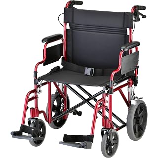 NOVA Heavy Duty Bariatric Transport Chair with 400 lb. Weight Capacity, 22” Extra-Wide Seat with Locking Hand Brakes, Flip Up Arms (for Easy Transfer), Anti-Tippers, 12” Rear Wheels, Color Red