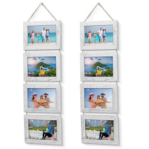 Houseables Collage Picture Frame, Hanging Photo Frames, 4” x 6” Prints, 2 PK, 4 Frame Set, White, Whitewash, Wood, w/Glass, Twine, Hanger, Rustic Style, Country Chic, Landscape, Farmhouse Decor