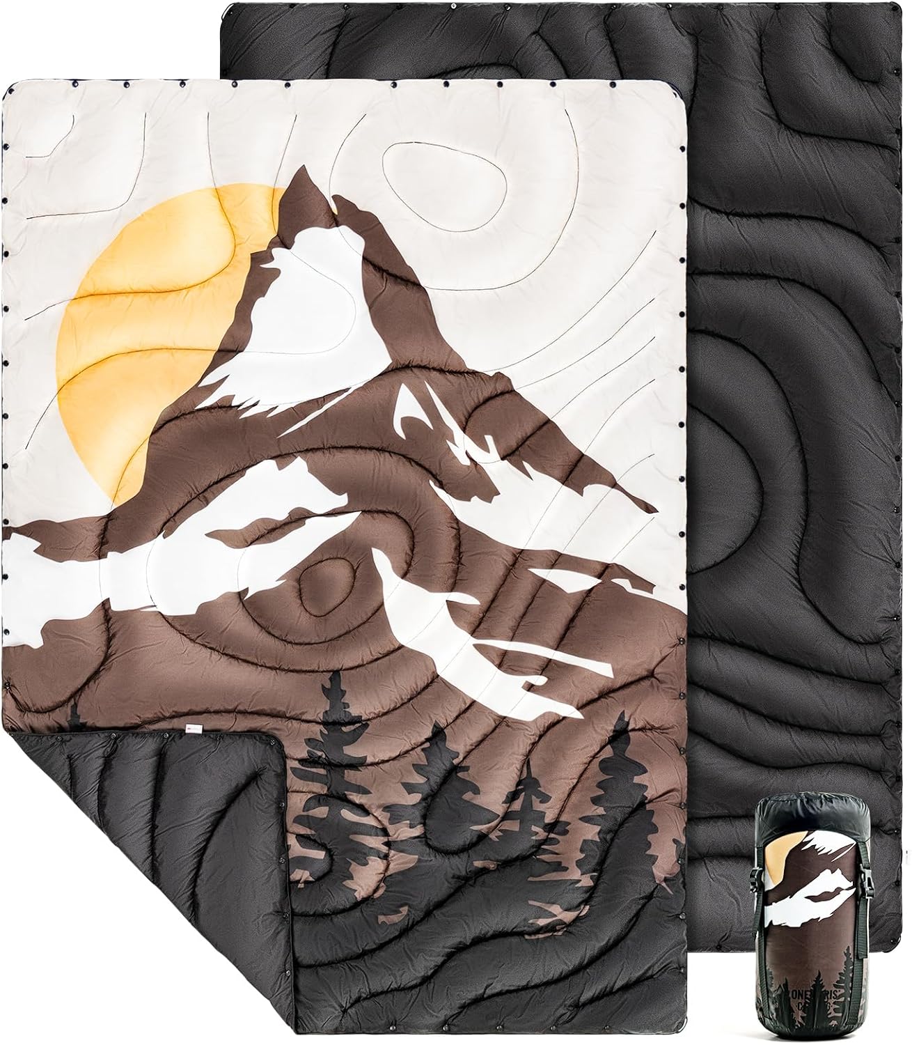 ONETIGRIS Ultralight Camping Blanket, Packable Puffy Quilt Puffy Printed Camping Blanket with Snap Buttons & Corner Loops for Backpacking, Hiking & Travel