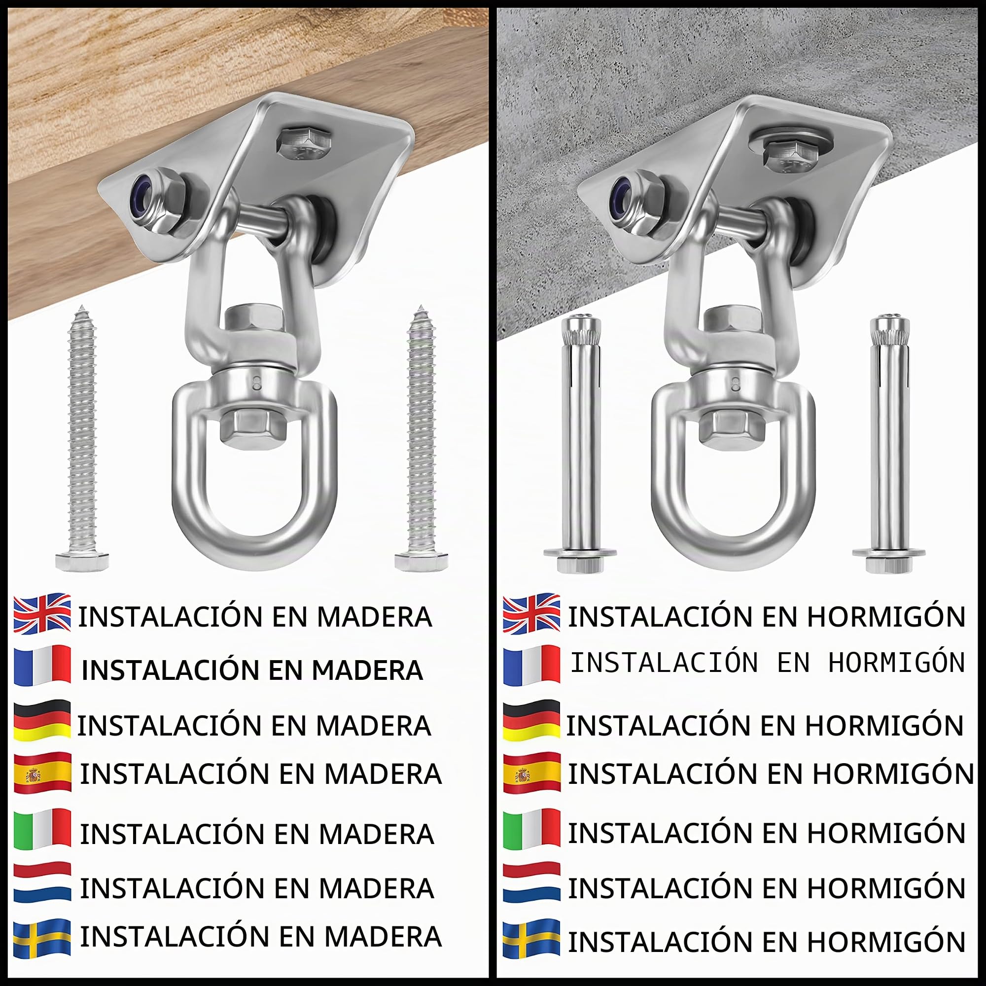 Belle Vous Resistentes Anclajes para Columpios (Pack de 2) Anclaje Pared Acero Inoxidable Gancho con Giro de 360 Grados con Tornillos - Capacidad de Carga de 400 kg para Silla Hamaca, Bolsa de Hamaca