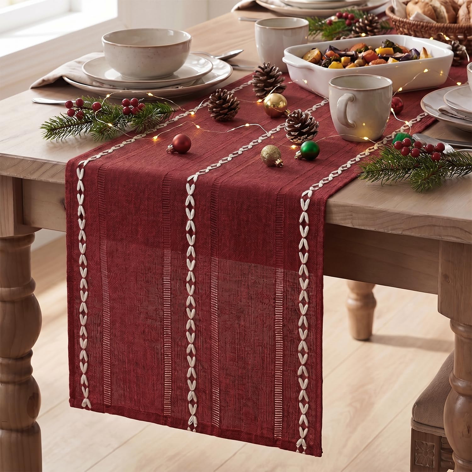 Artoid Mode Red Rustic Hollow Boho Christmas Table Runner 33x230 cm