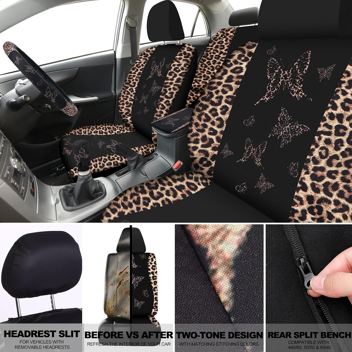 BBTO 43 Pcs Butterfly Car Seat Full Set Butterfly Car Accessories for Women 5 Front Rear Seat Covers Wrist Strap 2 Pcs Cup Mat Armrest Pad 2 Belt Xmas Cover Accessories for SUV(Brown Leopard Print) - Image 4