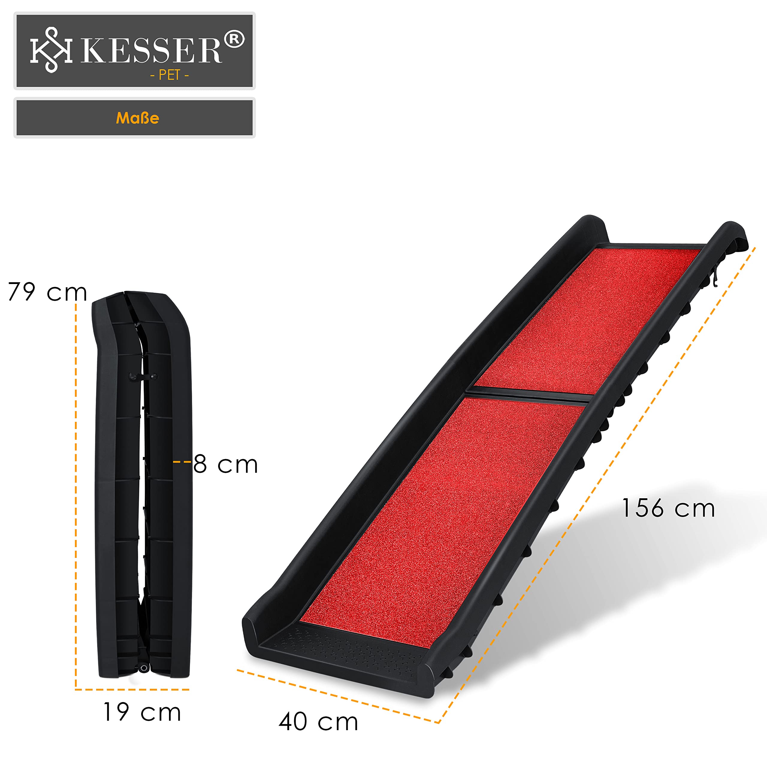 KESSER® Rampe de coffre pliable pour chien - Rampe de coffre pour animaux de compagnie - Jusqu'à 90 kg - 156 x 40 cm - Légèrement stable et antidérapante - Rouge