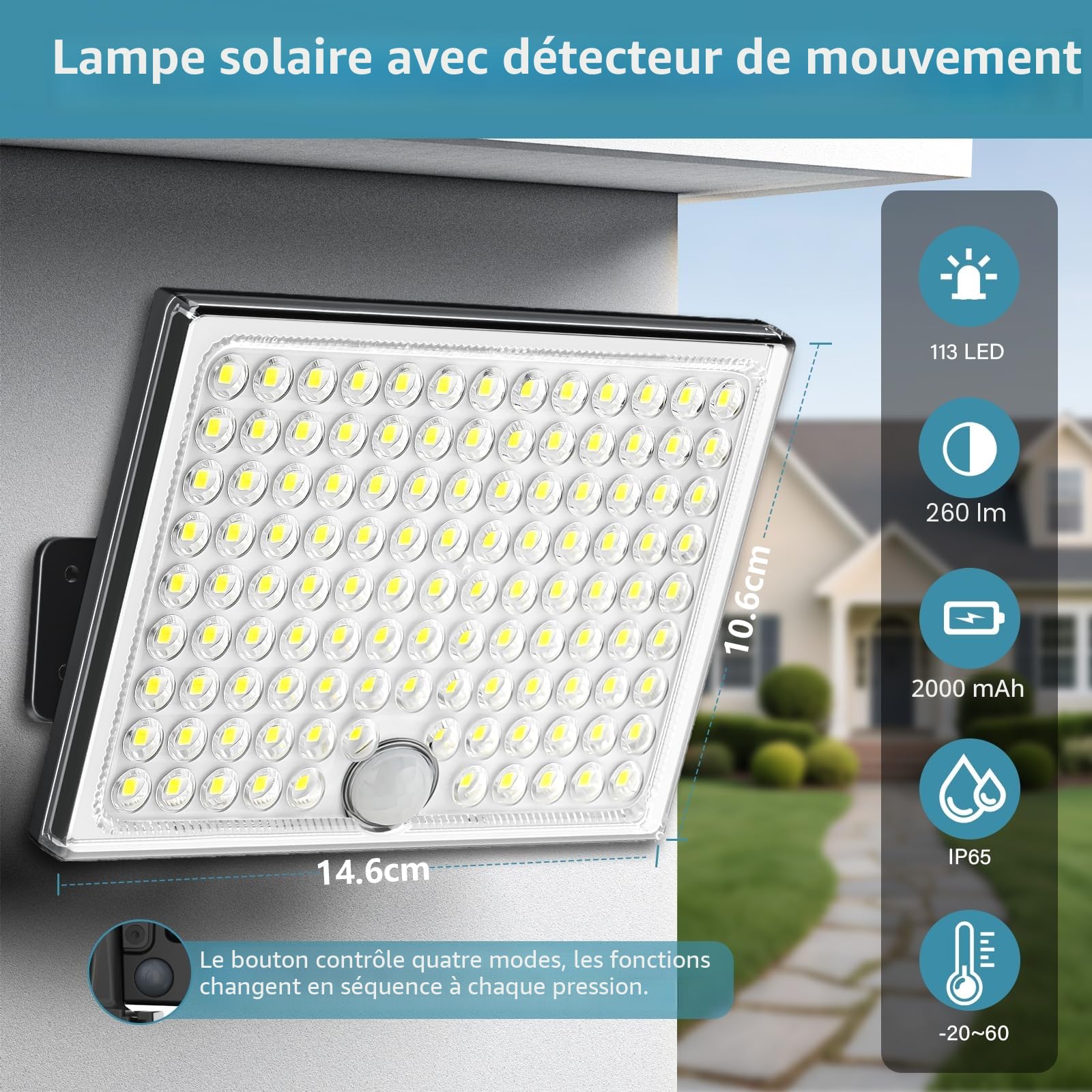 Lampe Solaire Exterieur Detecteur de Mouvement,113 LED 2000 mAh 4 Modes IP65 Étanche Lumiere Solaire Exterieur,Spot Led Extérieur pour Jardin Garage avec Câble de 5M,2 Pièces