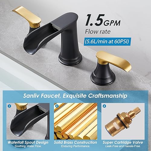 Miniatura 3 de Grifo de baño generalizado de 3 agujeros, grifo de baño negro y dorado, grifo de lavabo de baño en cascada, grifos de tocador de dos manijas para