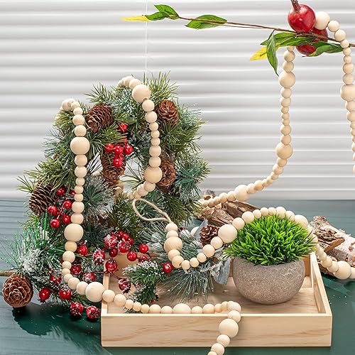 Miniatura 4 de Boao Guirnalda de cuentas de madera de Navidad de 10 pies, guirnalda de árbol de Navidad beige para colgar en la pared, cuentas de oración para