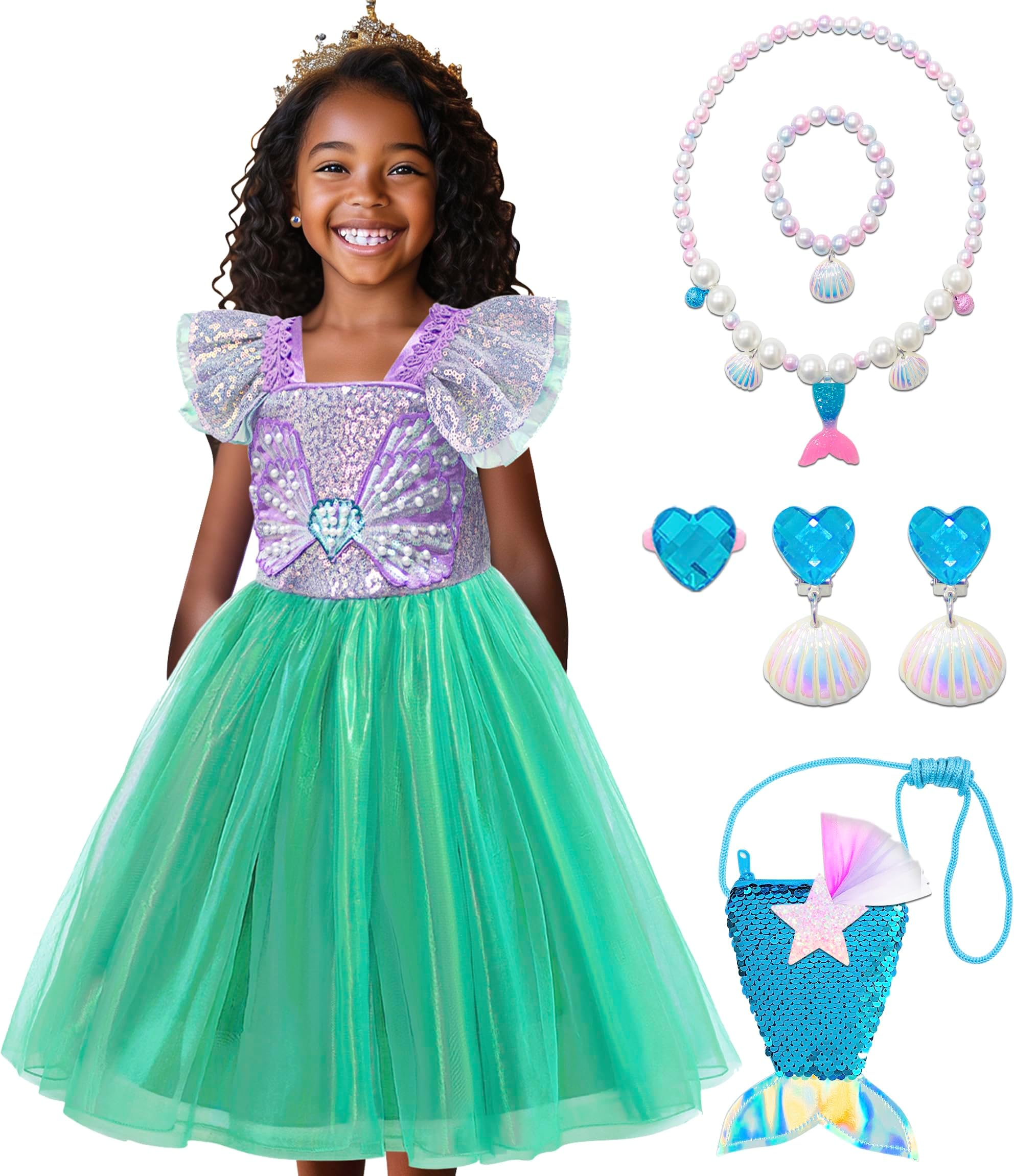 VORLITS Little Mermaid Costume Dress For Girls Kids Princess Ariel Dress Cosplay Role Play With Mermaid Outfit Accessories