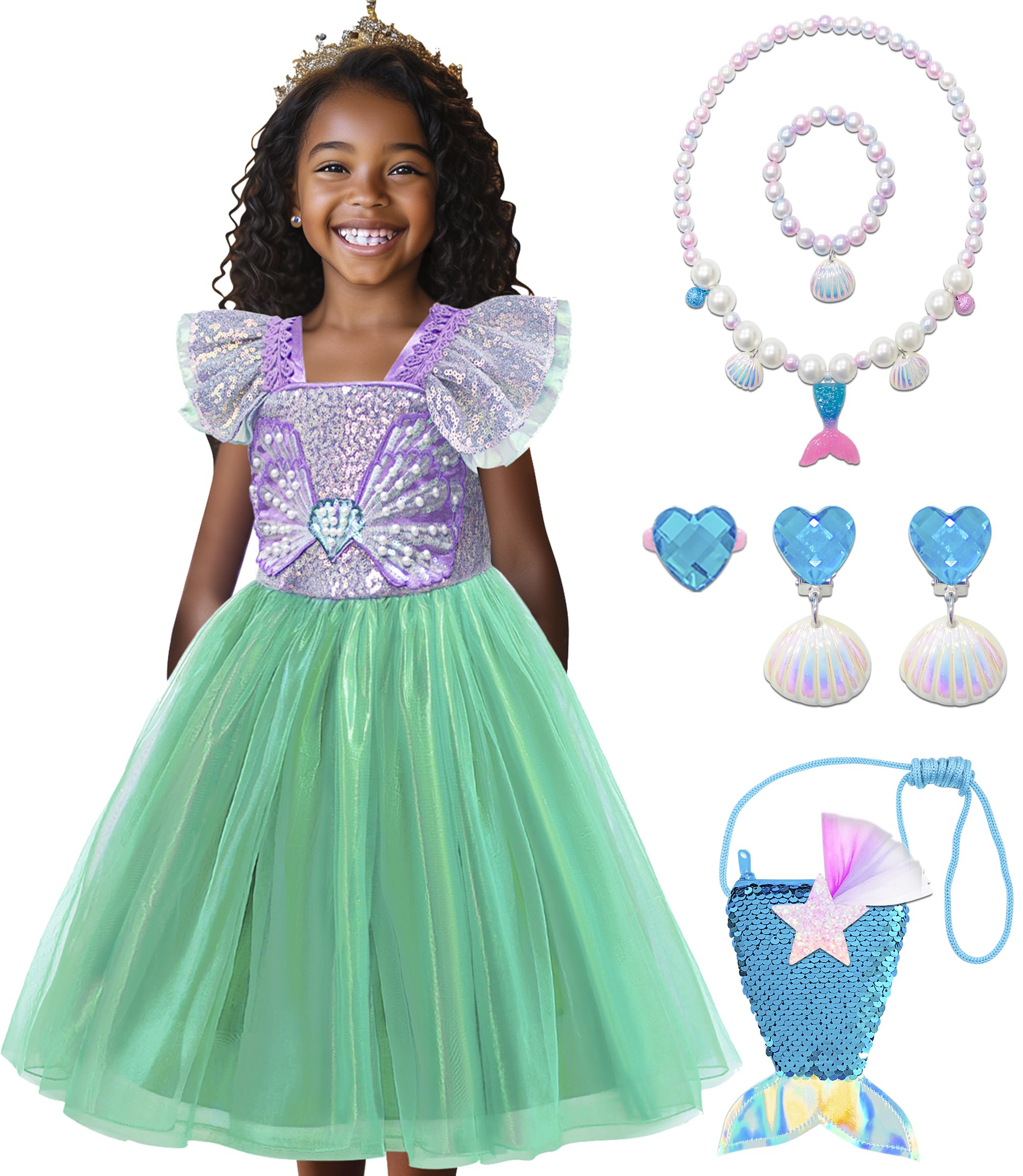 VORLITS Little Girls Mermaid Costume Dress for Girls Princess Costume Dressed Up Party with Accessories