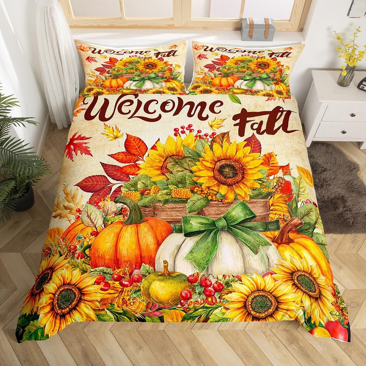 Fall Pumpkin Duvet Cover Set Queen Size,Sunflowers Crops Maple Leaves Bedding Set,Kids Boys Girls Adults Cabin Decor,Thanksgiving Day Autumn Comforter Cover,Rustic Farmhouse Quilt Cover,2 Pillowcases