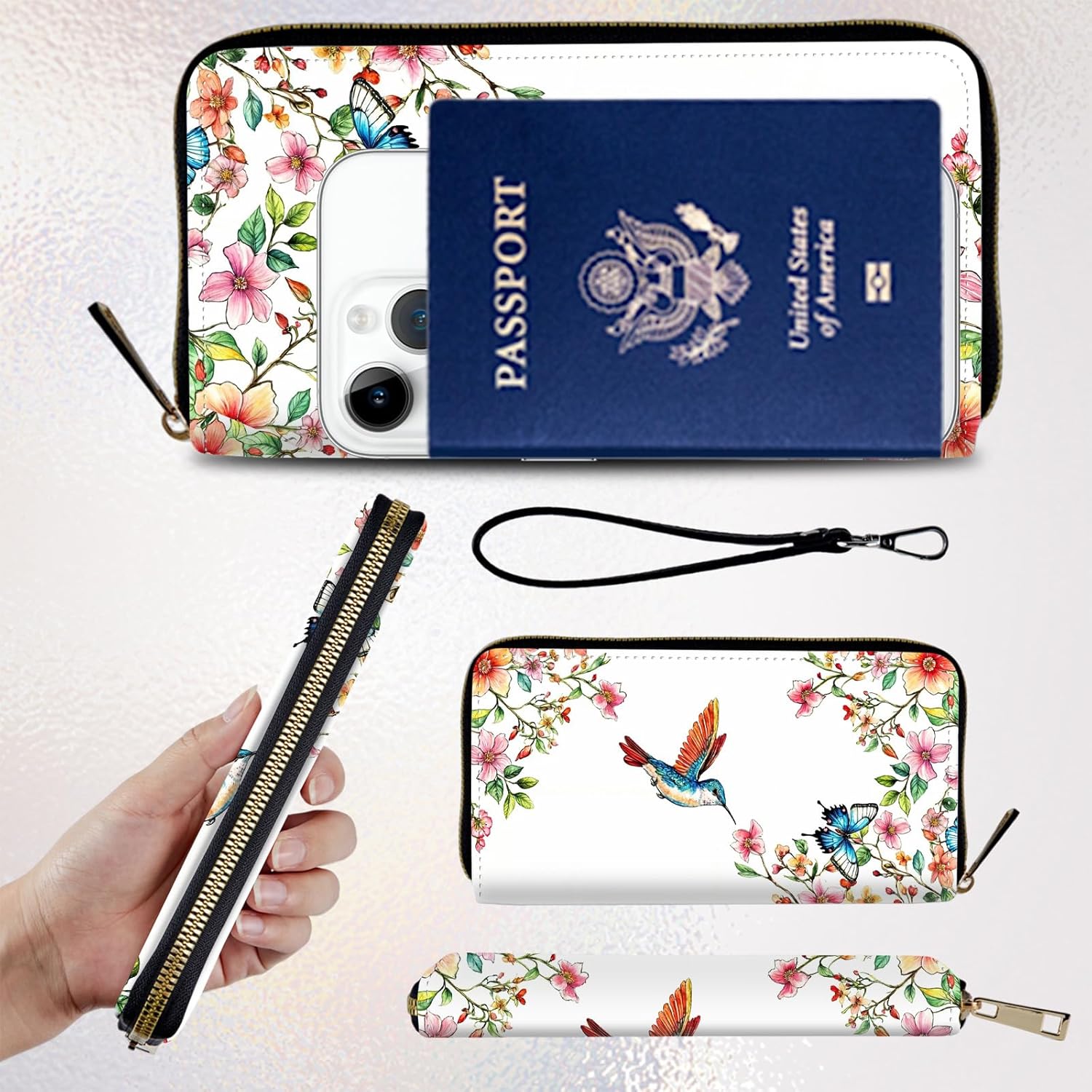 Womens Wallet, PU Leather Zipper Wallet Large Capacity RFID Wallets for Women with Multiple Card Slots & Wristlet, Small Women Wallet Coin Pocket for Men Clutch Travel Purse, Flower Bird - Image 6