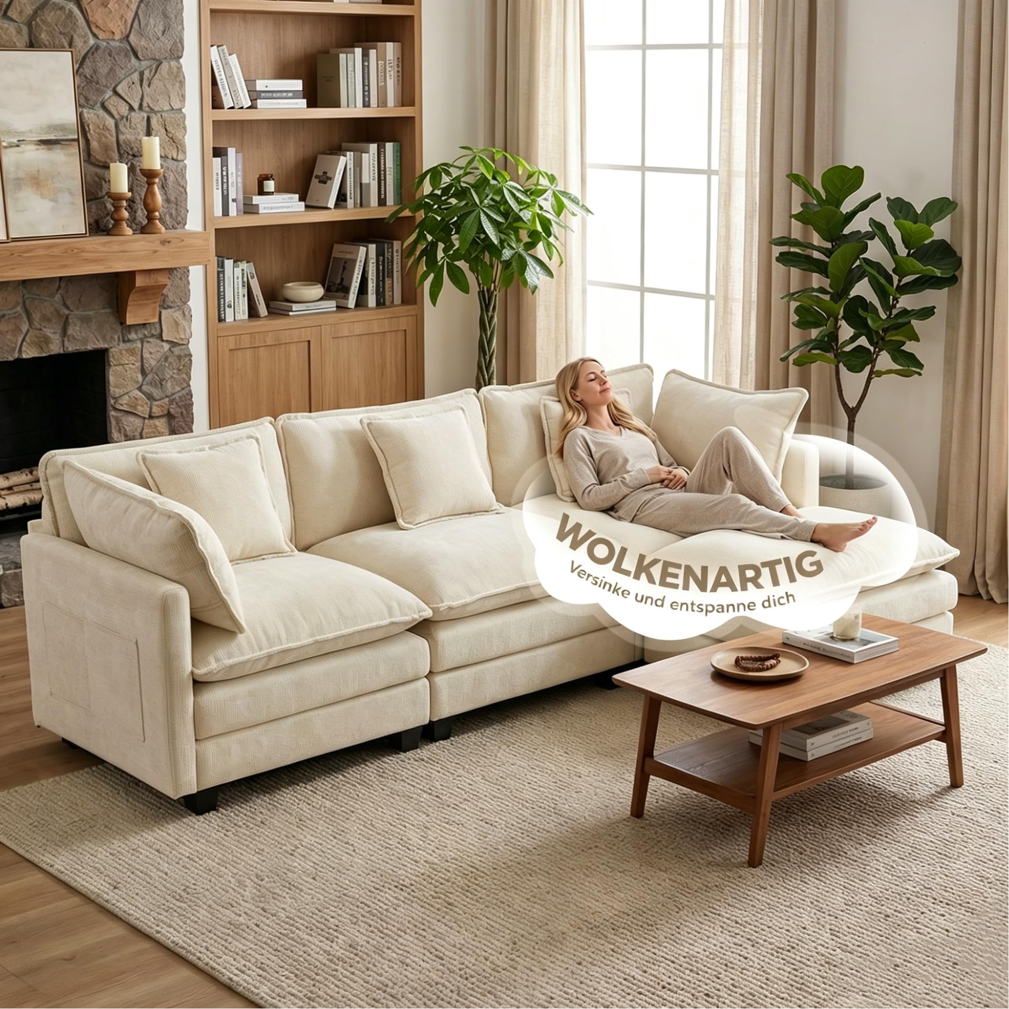 GRAVFORCE 239cm Ecksofa mit Schlaffunktion L Form 3 Sitzer Sofa mit 2 beweglichen Hockern Cloud Couch Big Sofa Modulares Sofa mit tiefer Sitz für Wohnzimmer Wohnung Büro Chenille