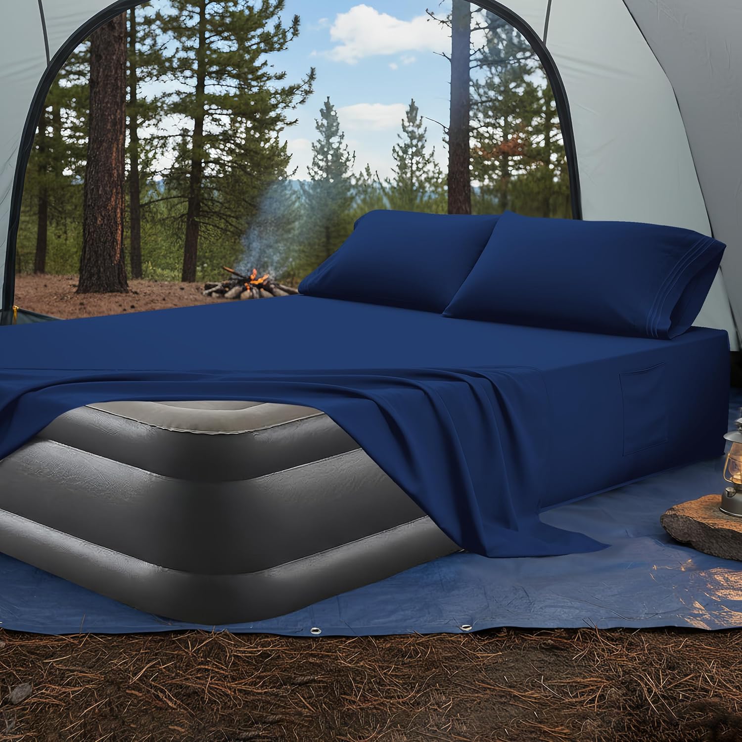 Mocassi 4-Piece Extra Deep Pocket 16-24 Inch Air Mattress Bed Sheet Set- 4PC Sheet Set with Smart Pockets Ideal for Air Beds, RVs, Camping and Guest Rooms Premium Hotel Quality, Queen, Navy Blue