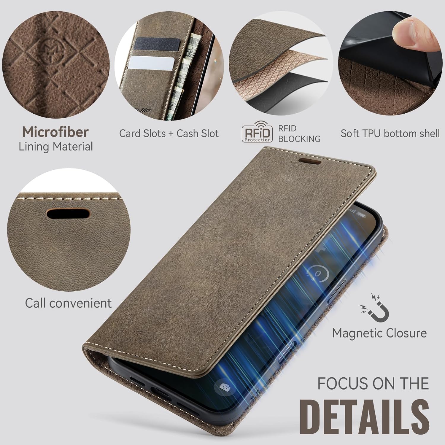 Case for iPhone 17 Pro Max, Vintage PU Leather Slim Folio Flip Cover with Magnetic Closure, Card & Cash Slots, Kickstand Stand Function, Shockproof Soft TPU Shell, Brown