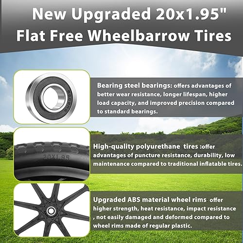 Miniatura 4 de Ruedas de carrito planas de 20 x 1.95 pulgadas compatibles con Rubbermaid Garden Yard Cart, montaje de neumáticos de repuesto sin plano de 20