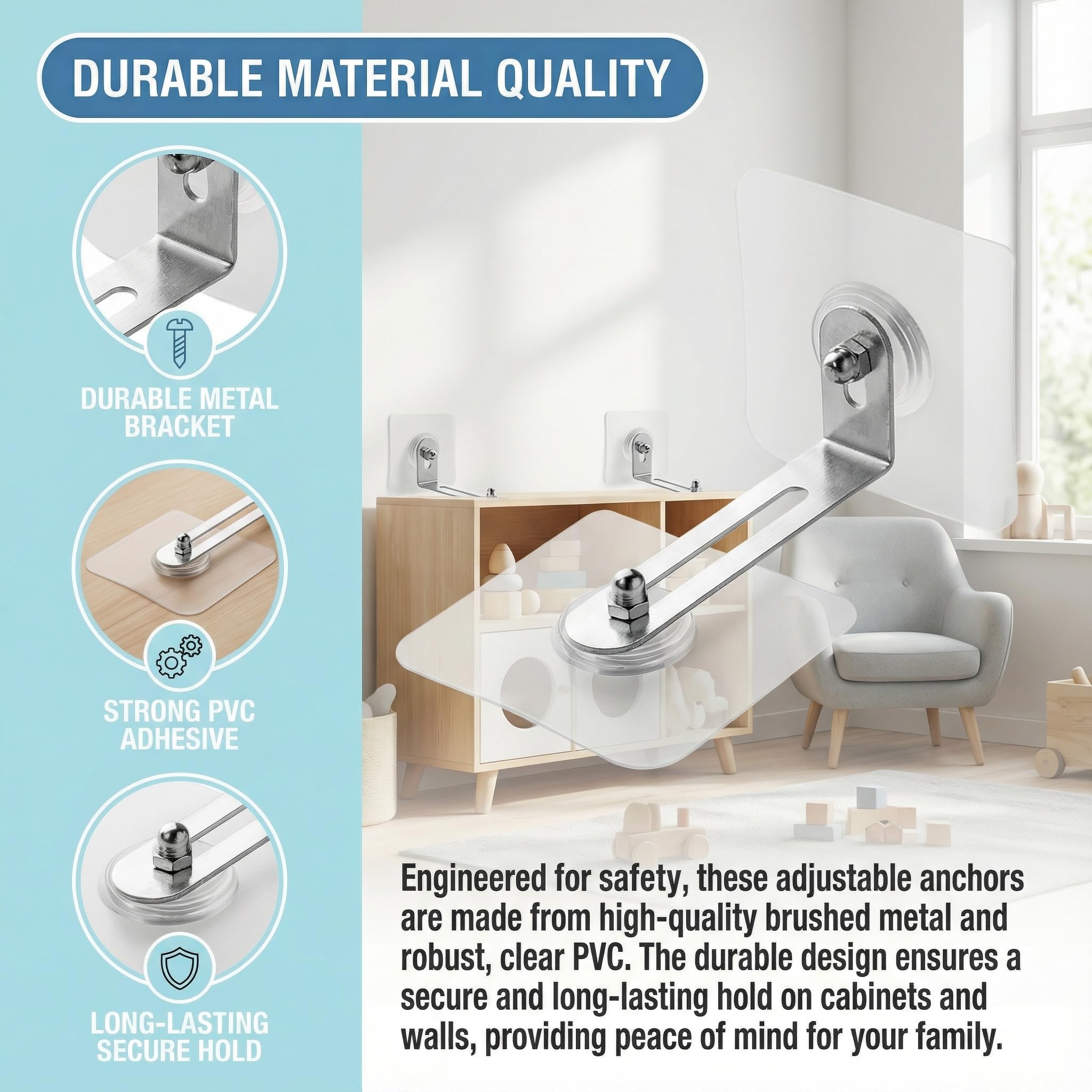 Ancrage de Sécurité de Meuble 4 Pièces Anti Basculement Sans Percage pour Protection Bébés Animaux Fixation Murale