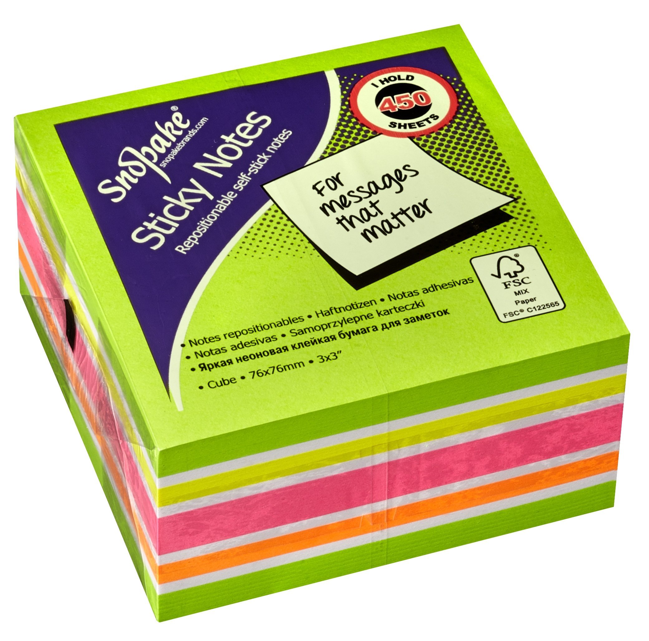 Snopake FSC Green Rainbow NeonMix Sticky Notes 450 sheet Cube- 1 Cube