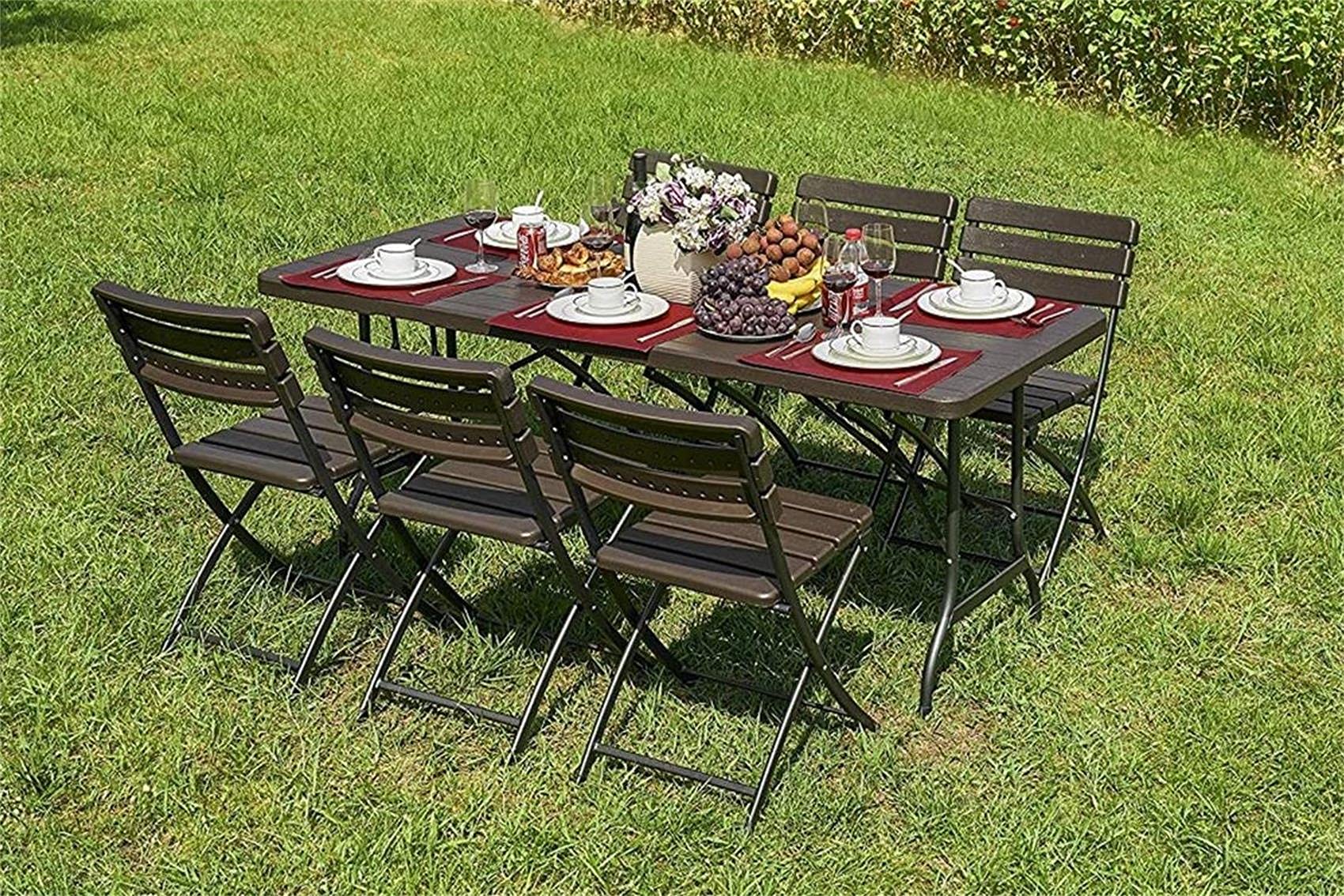 LANNY Portable Plastic Folding Table SZK180 Wood Design 180 * 75cm for 6-8 person Bunder with 6 Chairs Party/Picnic/Garden/Dining/Kitchen/Buffee/Restaurant (Brown-bunder)
