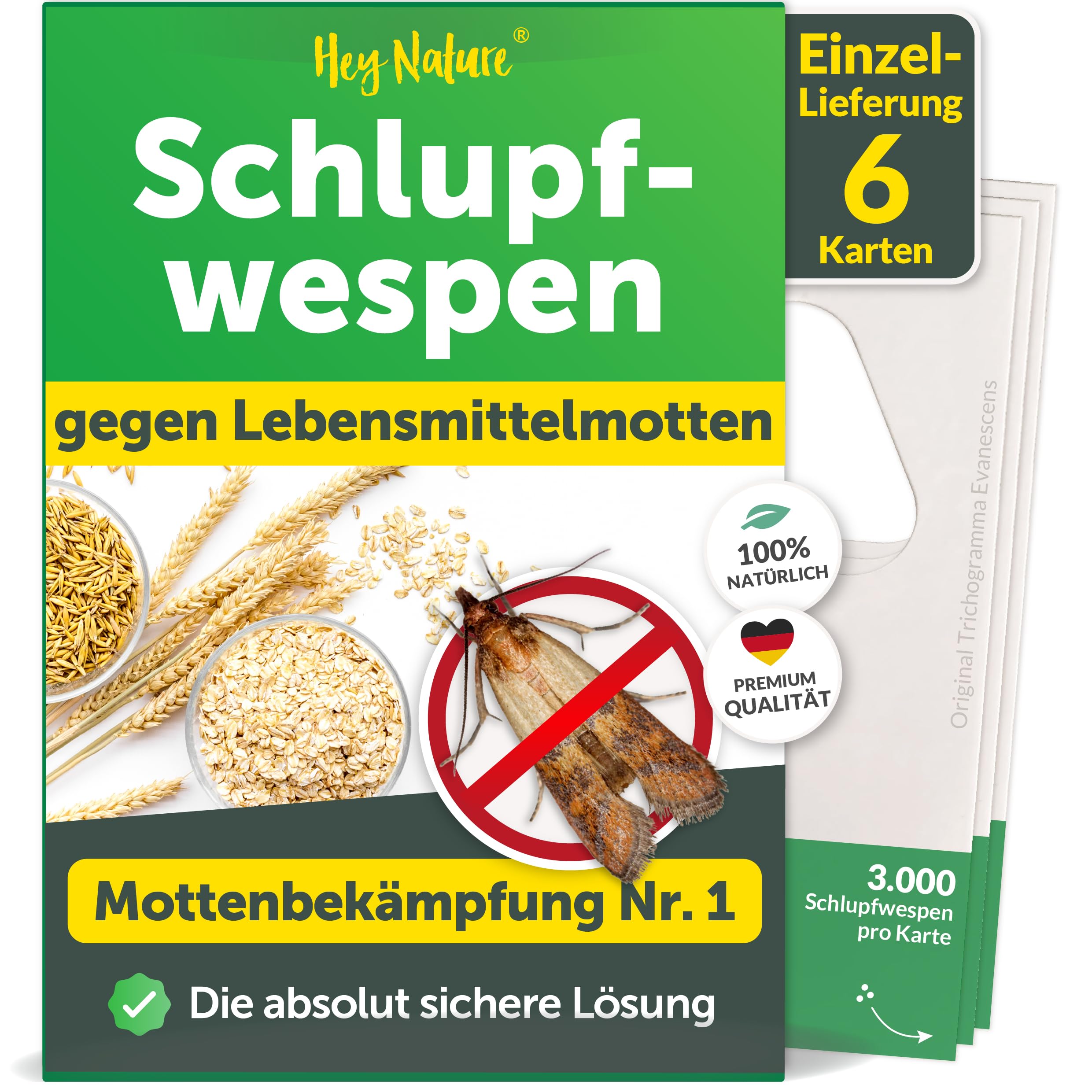 Hey Nature Schlupfwespen gegen Lebensmittelmotten - 1 x 6 Karten - Mit Schlupfwespen effektiv Lebensmittel-Motten bekämpfen - Alternative zu Lebensmittelmotten Falle, Mottenkugeln & Mottenspray