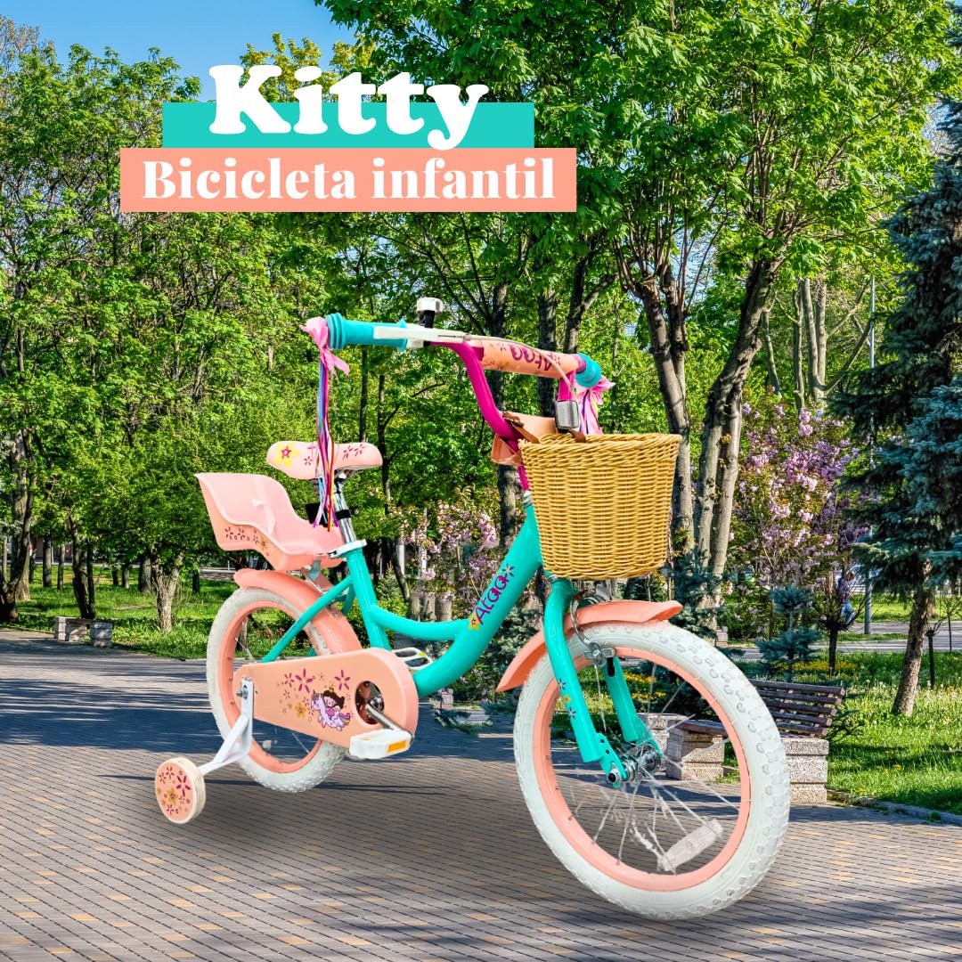 ATAA Bicicleta Infantil Kitty 12 y 16 Pulgadas con Ruedines Desmontables Cesta y Serpentinas Bicicleta para Niñas con Frenos Reflectores y Cuadro de Acero