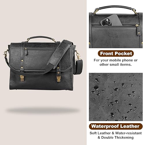 Miniatura 4 de Bolsa de mensajero para hombre de 15.6 pulgadas, impermeable, de piel sintética, maletín para laptop, bolsa grande para computadora portátil, bolsa