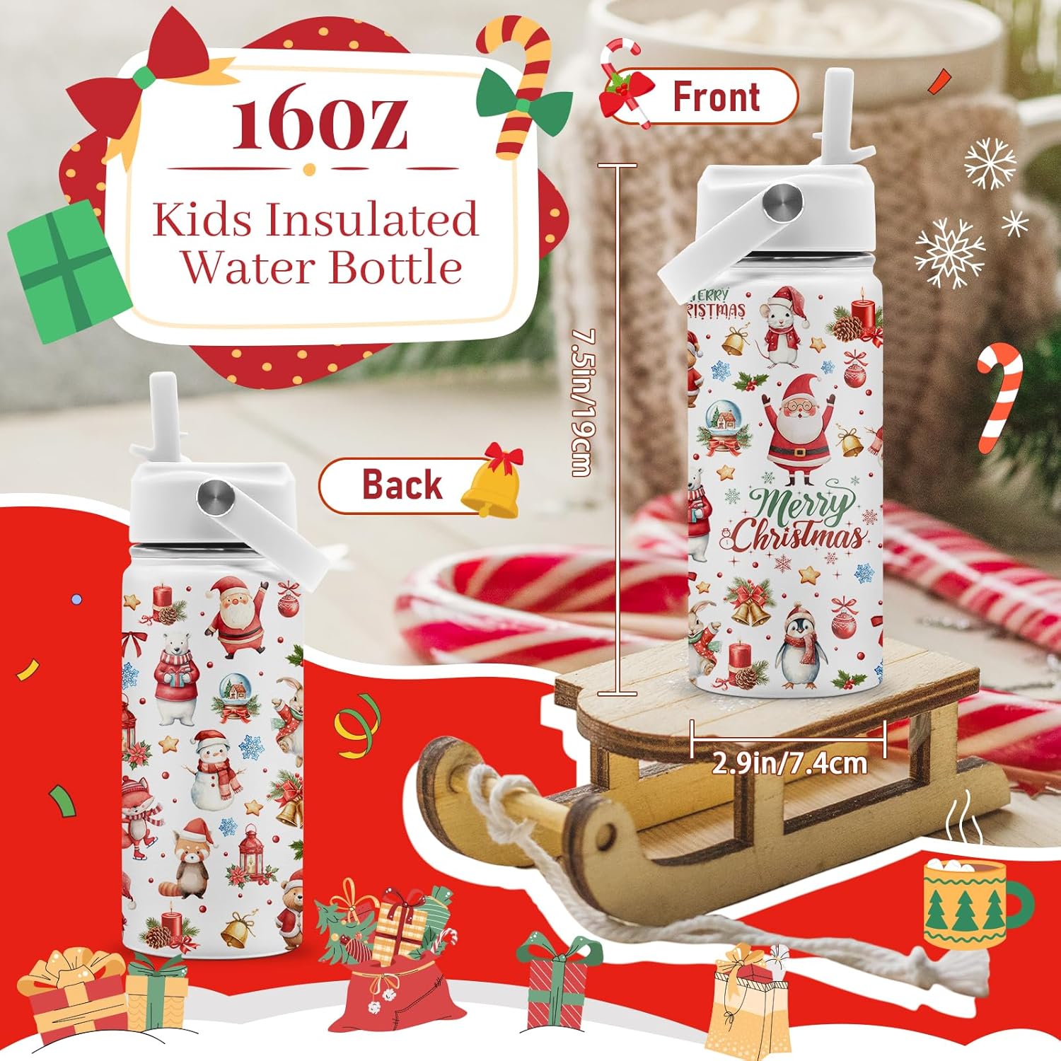 Merry Christmas Water Bottle - Santa Claus 16oz Stainless Steel Water Bottle with Straw - Winter Holiday Insulated Cup for Girls Boys - Xmas Animals Kids Tumbler for School, Sports, Travel - Image 3