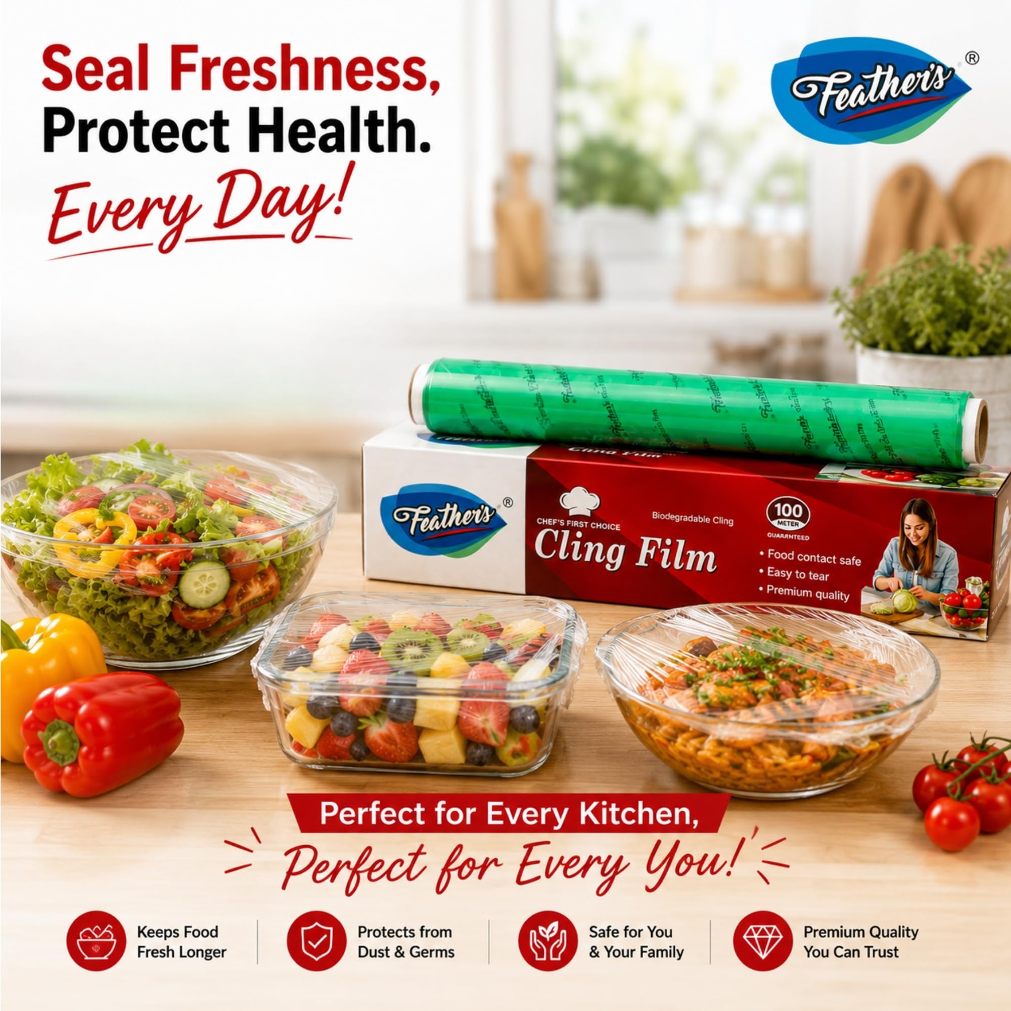 Feather’s Cling Film Wrap Food Biodegradable Multipurpose Food Wrapper Non-Stick Microwave Safe (Pack of 1, 100m) 3
