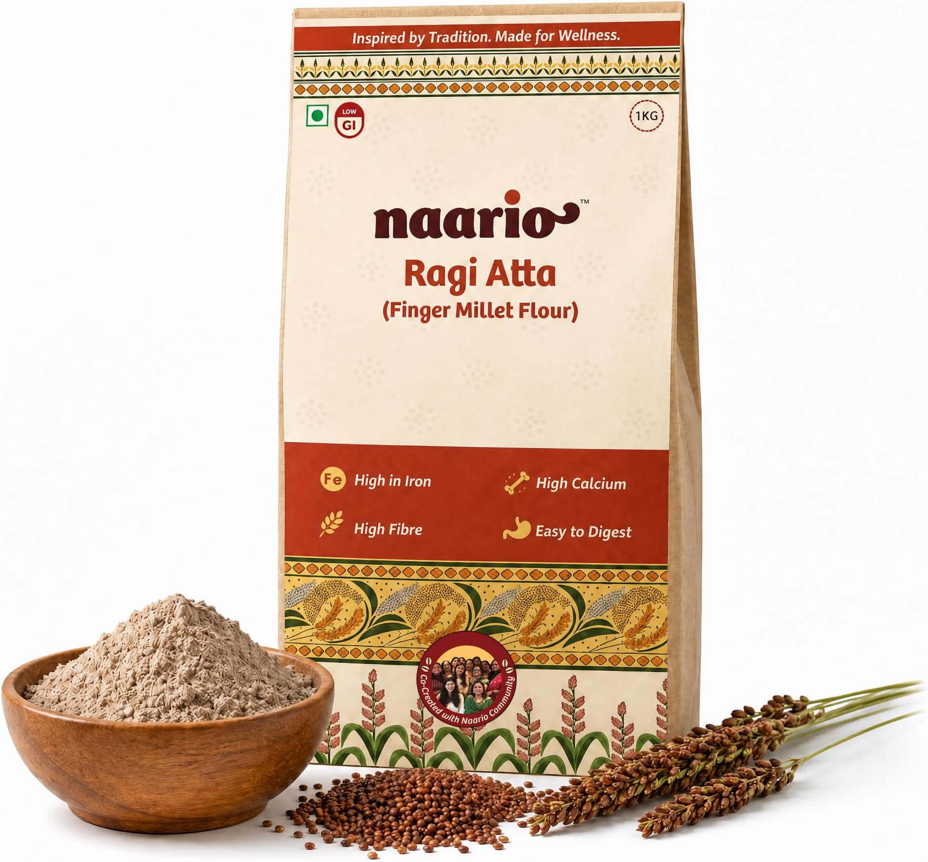 Naario Organic Ragi Flour 1 kg | 100% Natural Nachni Atta | Pure Finger Millet Flour | Chakki Ground & Gluten Free | Rich In Protein, Iron & Other Nutrients