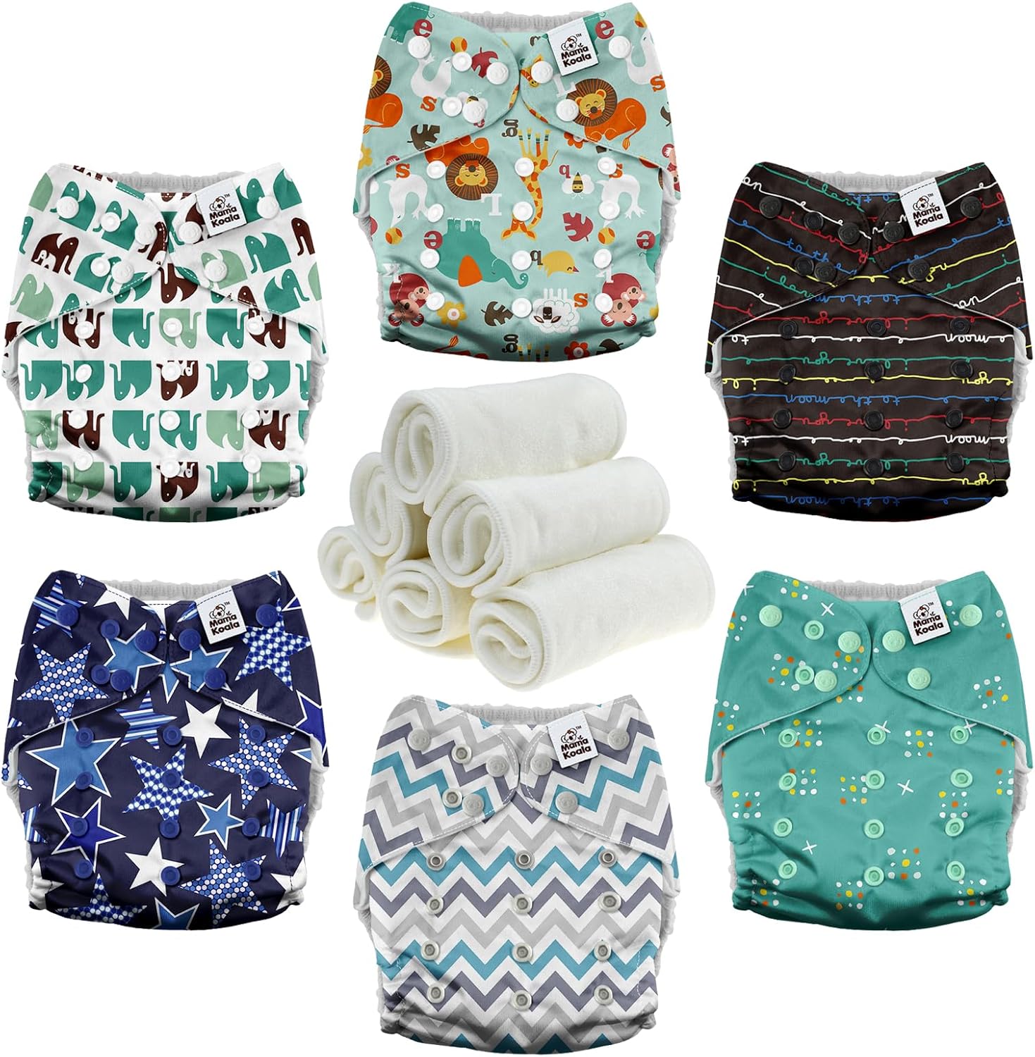 Mama Koala 3.0 Baby Cloth Diapers with 6 Inserts Bundle(Jagger-R), with 2 Pack Waterproof Changing Pad Liners