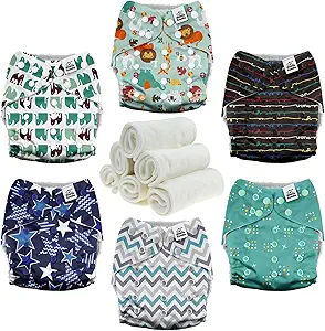 Mama Koala 3.0 Cloth Diapers for Babies with AWJ Lining, 6 Pack with 6 Natural Cloth Diaper Inserts - Reusable and Washable Pocket Diapers (Jagger-R)