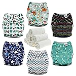Mama Koala 3.0 Cloth Diapers for Babies with AWJ Lining, 6 Pack with 6 Natural Cloth Diaper Inserts - Reusable and Washable Pocket Diapers (Jagger-R)