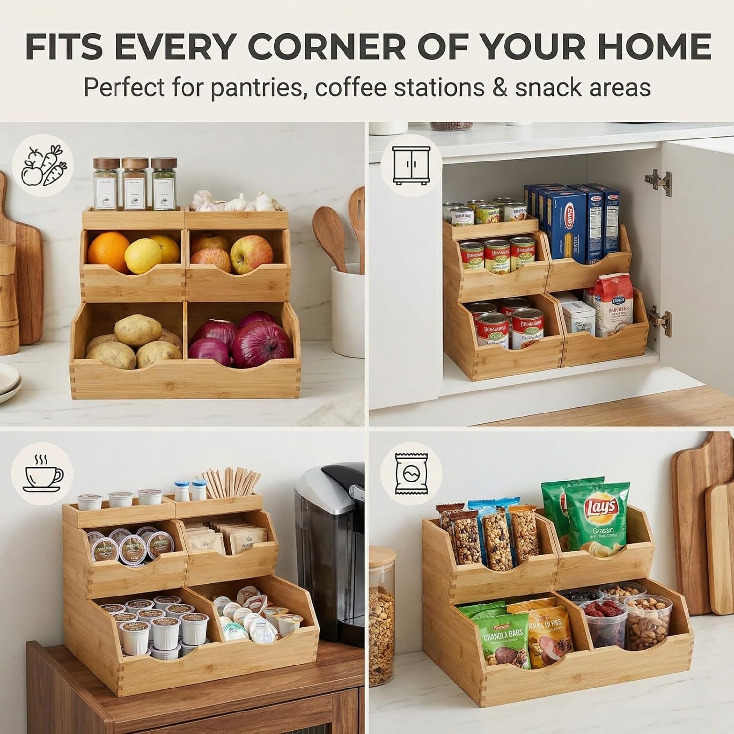 Bamboo Pantry Storage Bins with Lid - Stackable Baskets, Potato and Onion Storage, Wood Storage Bins for Pantry Baskets Organization and Storage, Kitchen Essential, Set 5 Pieces