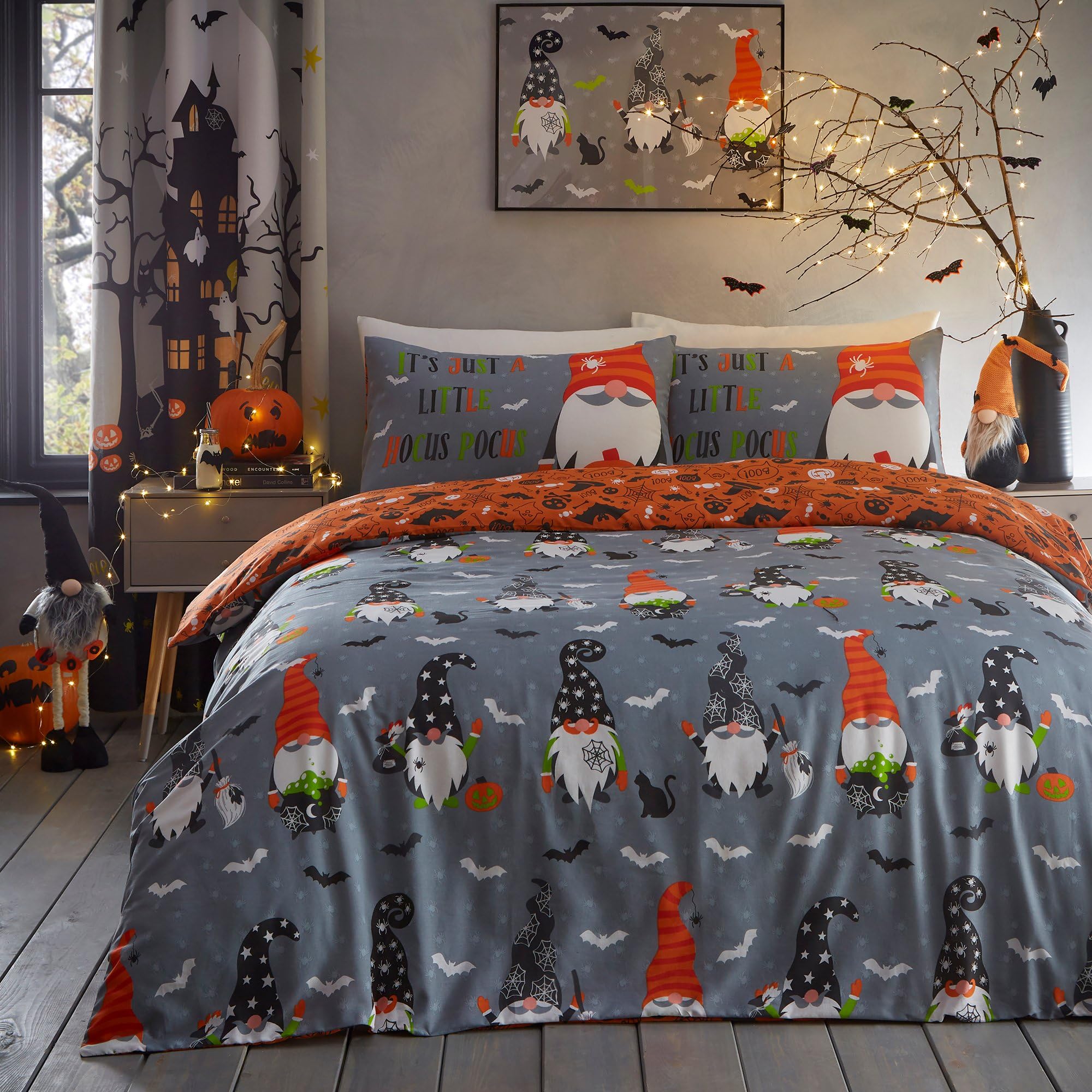 Bedlam Scary Gonks - Duvet Cover - Single Bedding Size (140 X 200Cm) - Reversible (2 Designs) - Halloween Glow In The Dark Duvet Cover - Spooky Bats And Pumpkins Design - Halloween Decorations