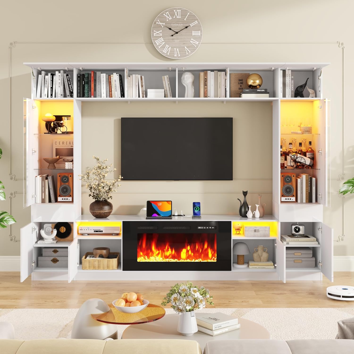 107" Wall Unit Entertainment Center with 40" Electric Fireplace & Bookshelves, Modern High Glossy TV Stand with Storage Shelves & Bridge Cabinet & LED Lights, Media Console for Living Room,White