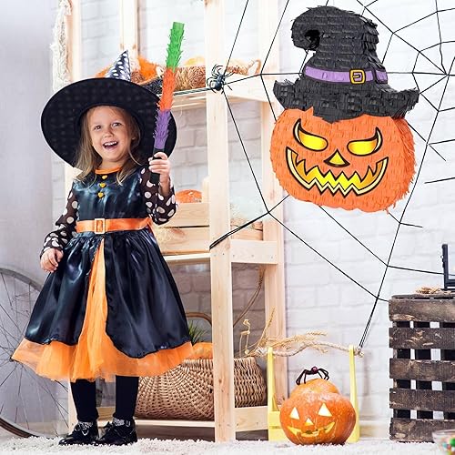 Miniatura 7 de WERNNSAI Piñata de calabaza de Halloween  Piñata de Halloween con palo y ojos vendados para niños, juegos de fiesta de Halloween, juego escolar,