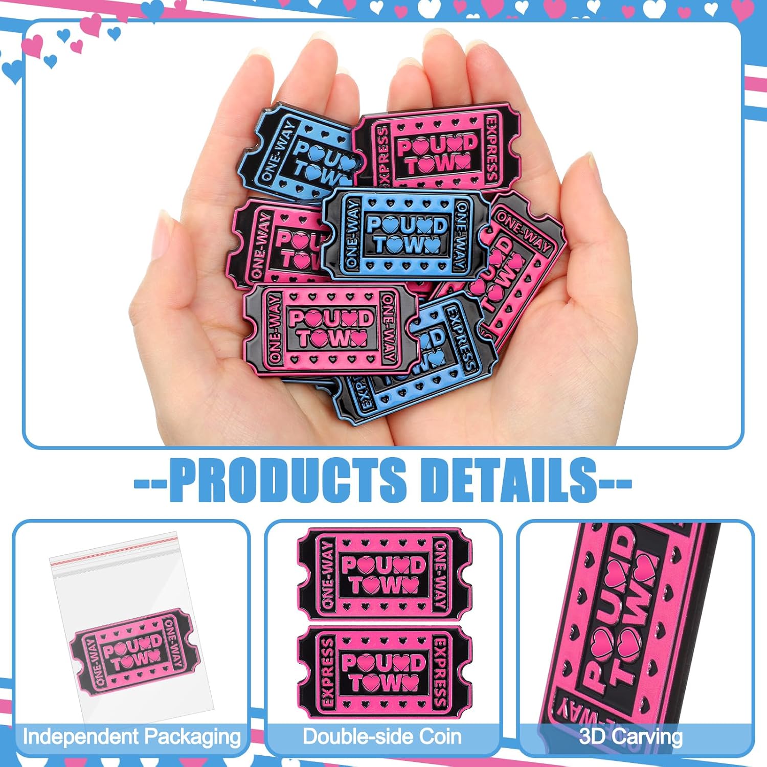 Moxweyeni 12 Pcs Valentine's Day Ticket to Pound Town Metal Ticket Double Sided Challenge Coin Funny Gift for Husband Wife