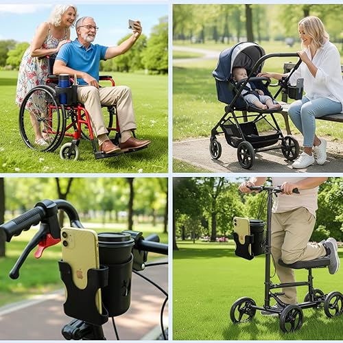 Miniatura 8 de Portavasos 2 en 1 con soporte reversible para teléfono, apto para silla de ruedas, patineta, bicicleta, movilidad, cámper, cochecito con clip