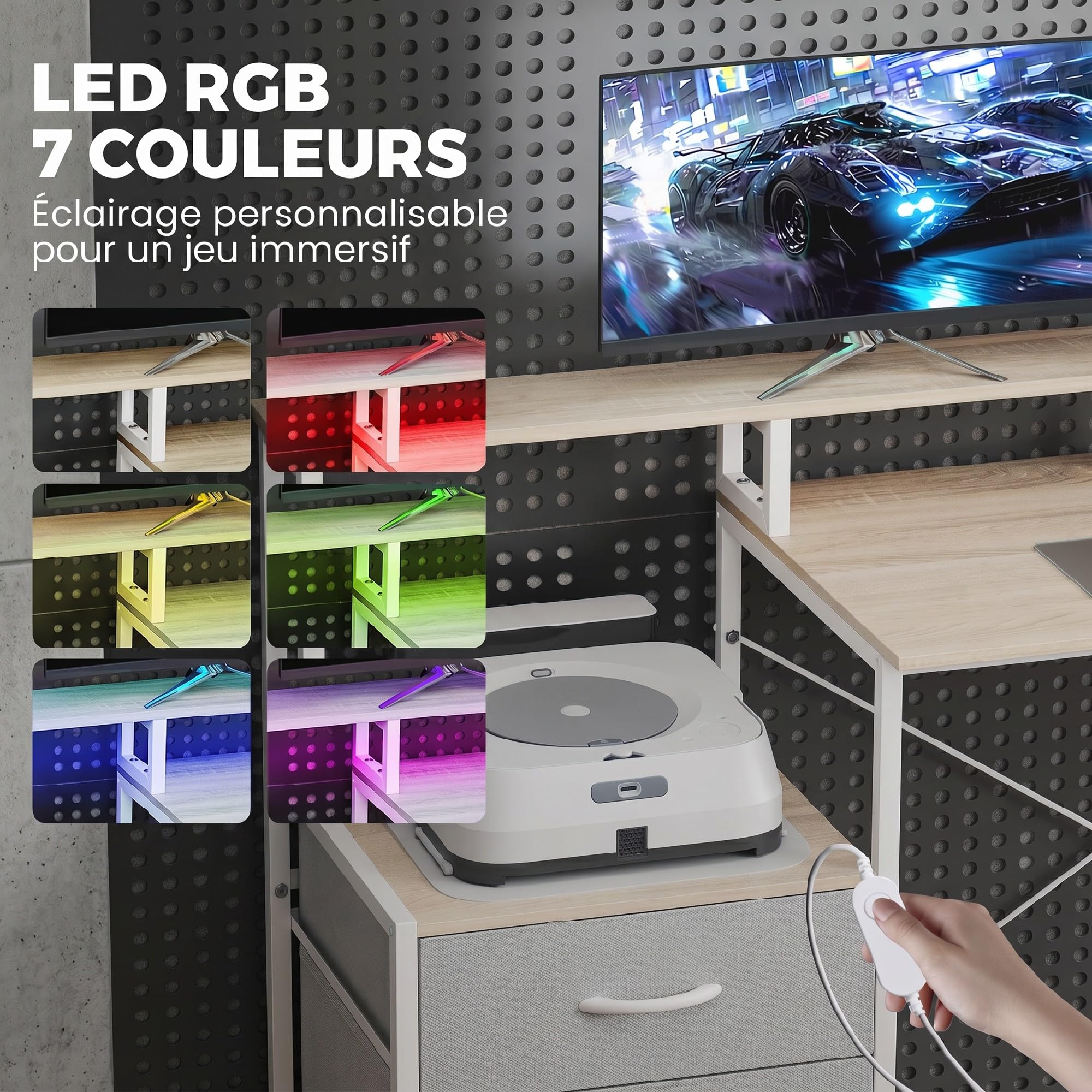 HOMCOM Bureau d'angle avec Prises et Lumières LED RGB 172x100cm Blanc