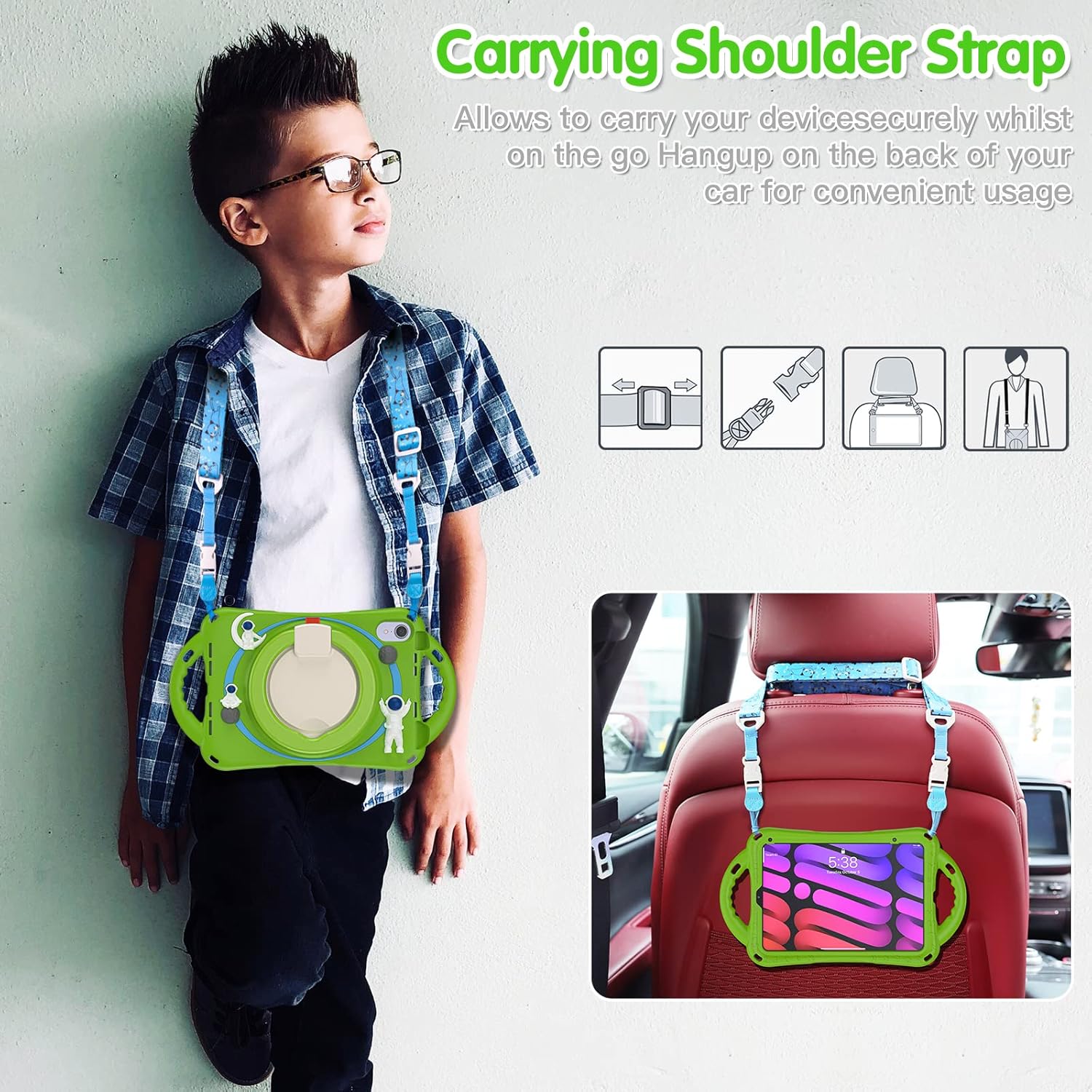 iPad Mini 6 Case - iPad Mini 6th Generation Case for Kids, Durable Shockproof, 360° Rotating Handle, Folding Grip, Secure Stand, Kickstand, and Handy Shoulder Strap - Green Astronaut Design