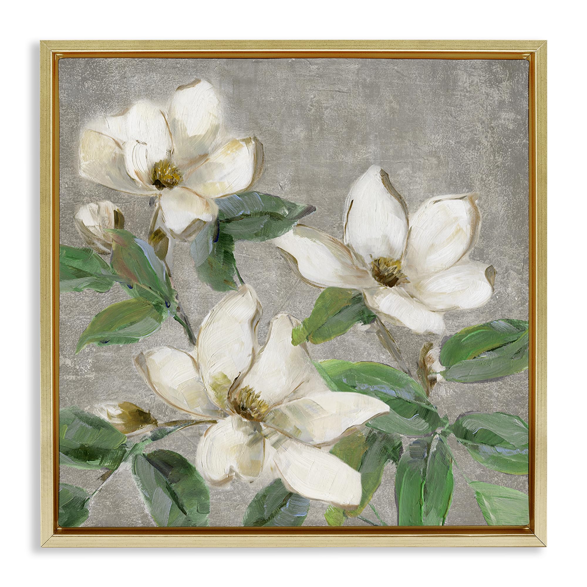 Stupell Industries Metallic Gold (Matte) 'Ivory Magnolias On Grey'| Floating Frame Canvas Art