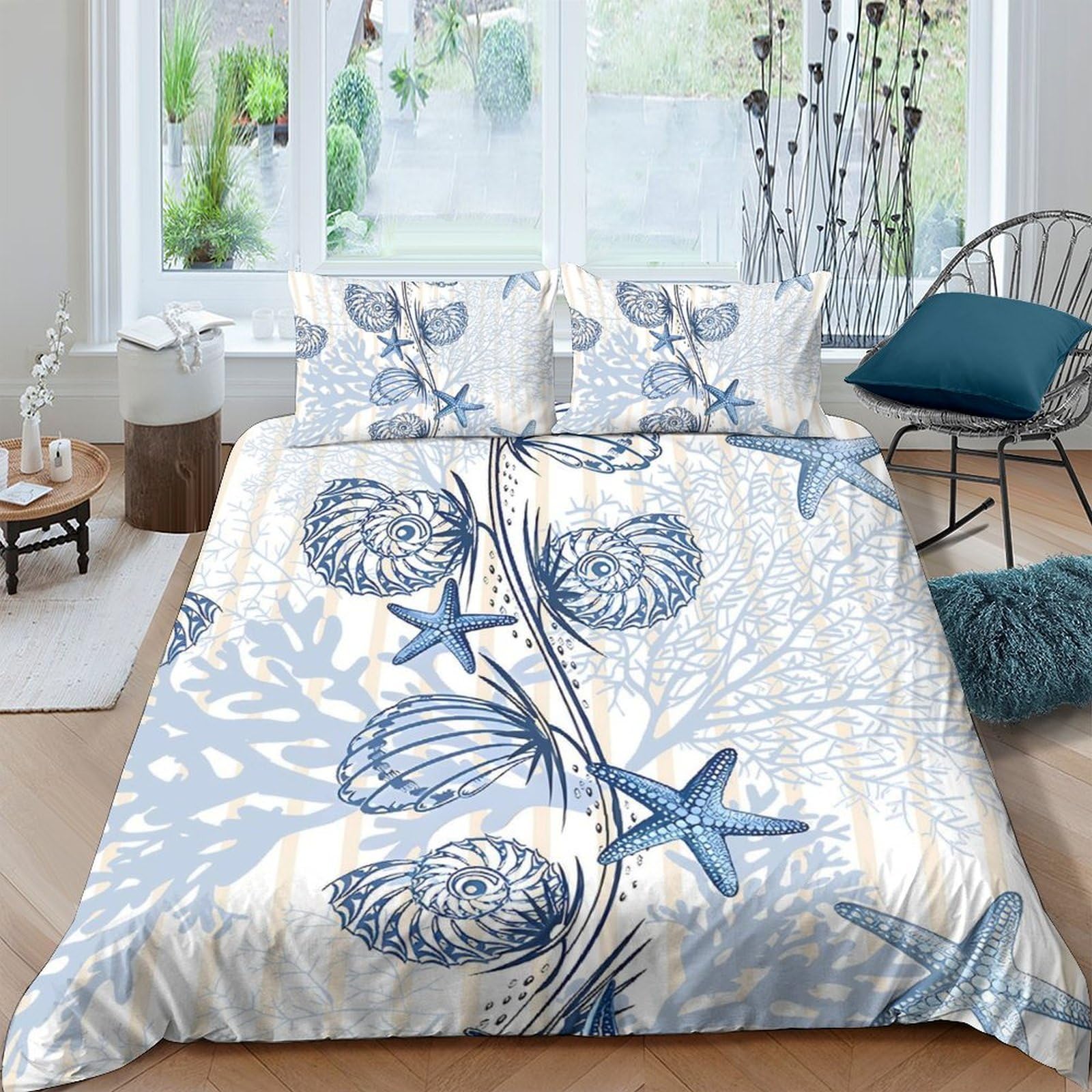 Ctjqhvkz Style-6 3D Printed Seashell Starfish Fitted Sheet Microfiber Soft Blue Beach Mattress Cover For Bedroom Dorm Decor Protection Single（135X200cm）
