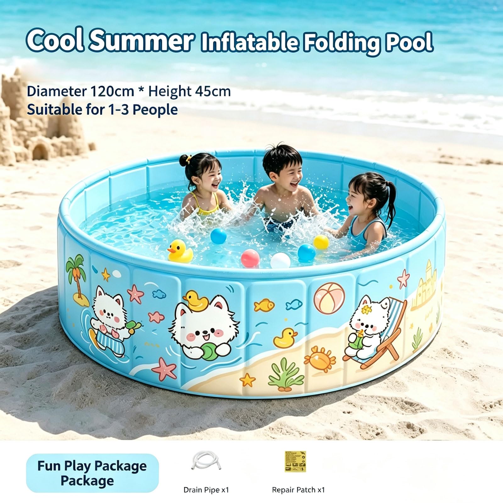 Piscina Pieghevole Non Gonfiabile 120*45cm Piscina Pieghevole Per Esterni in PVC Vasca Portatile Interattiva Piscina per Cani Antiscivolo con Scarico Per Adulti Famiglia Giardino Patio Spiaggia