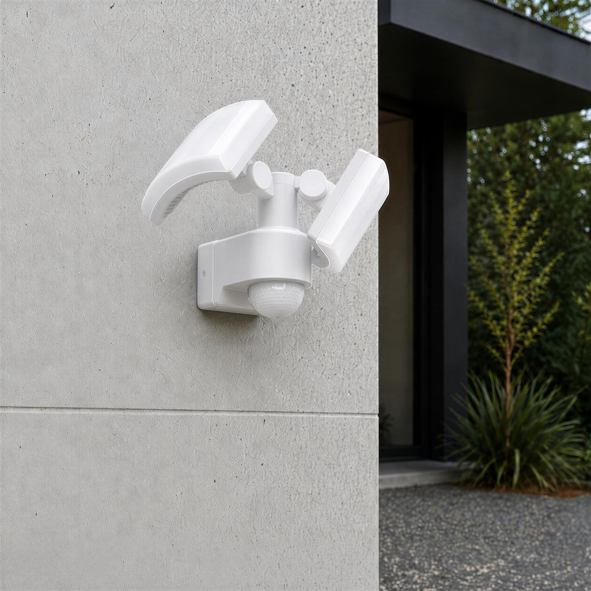 SSC-LUXon Norsu lampa zewnętrzna z czujnikiem ruchu, podwójny reflektor – lampa zewnętrzna z adapterem narożnym i czujnikiem zmierzchu IP65 neutralna biel